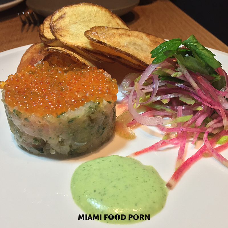 Snapper Tartare with celery, radish, smoked trout roe, parsley sauce and Yukon gold chips