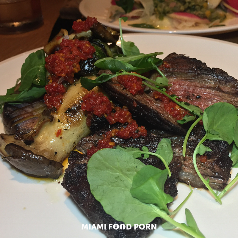 Wood Grilled Hangar Steak with grilled market vegetables and sundried tomato tapenade