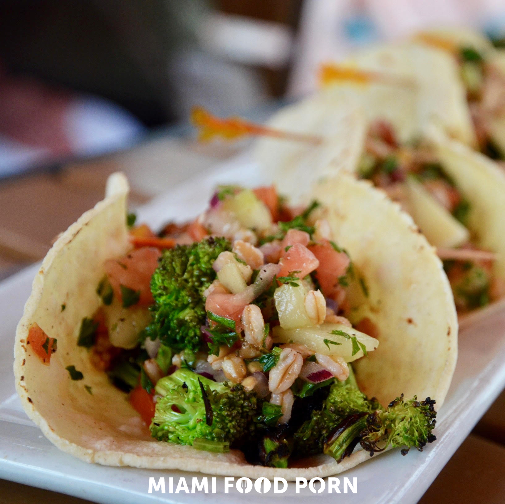 GRILLED BROCCOLI TACO with Aged Cheddar & Toasted Farro Tabbouleh