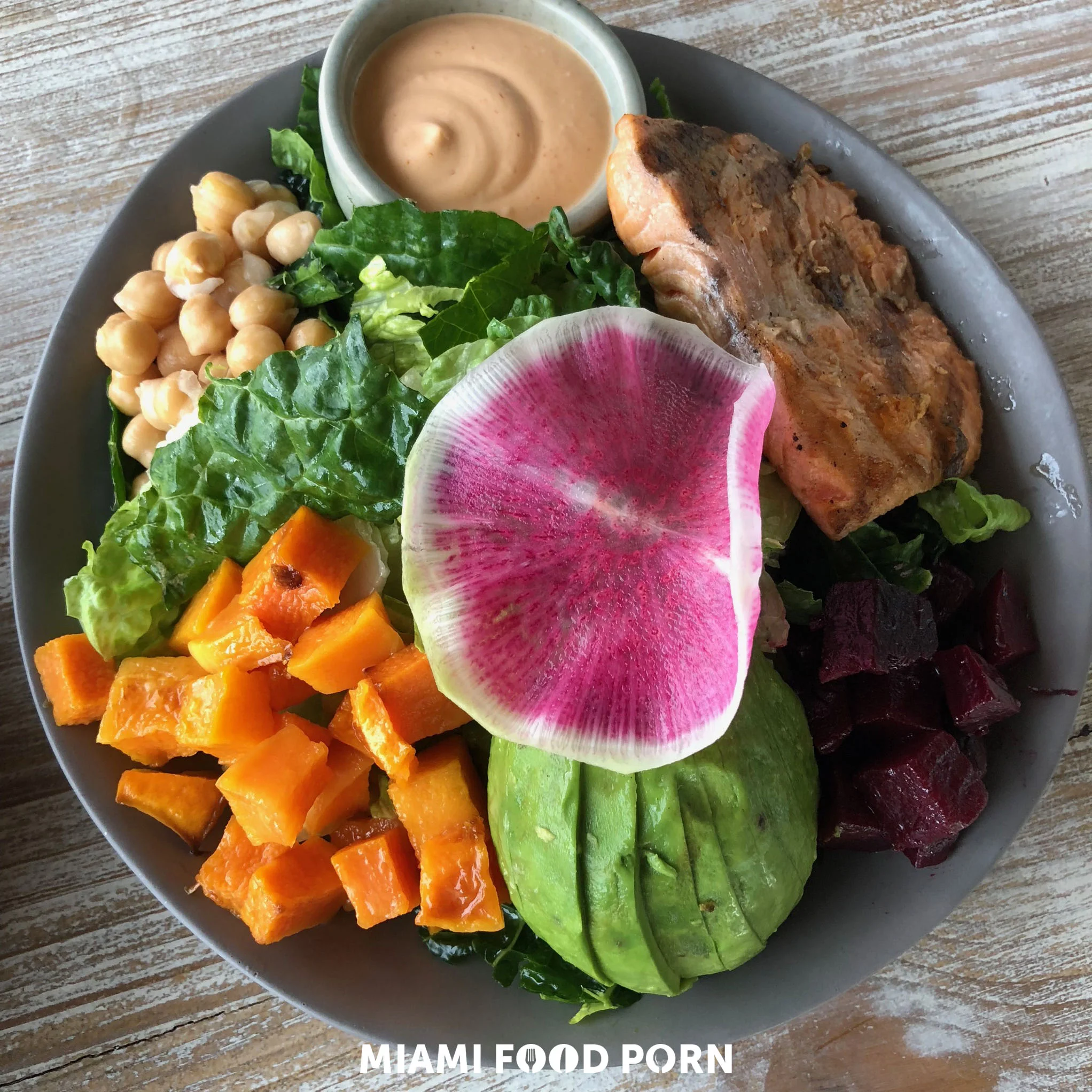 Vegan Chop: Kale, romaine, butternut squash, purple beet, avocado, garbanzo beans, red wine vinaigrette