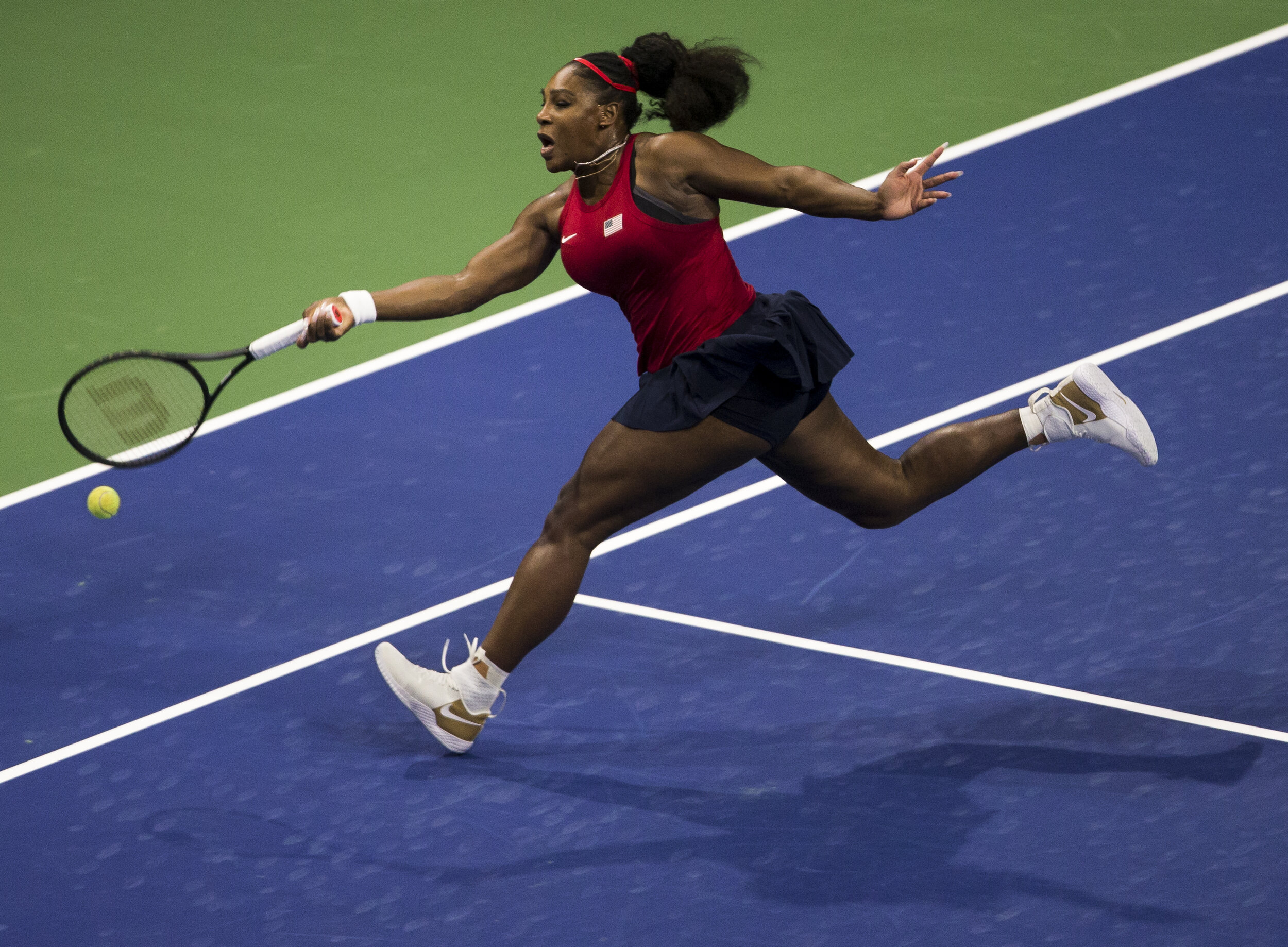  Serena Williams lunges for a ball during her match against Jelena Ostapenko at the Fed Cup at Angel of the Winds Arena on Feb. 7, 2019 in Everett, Washington. 