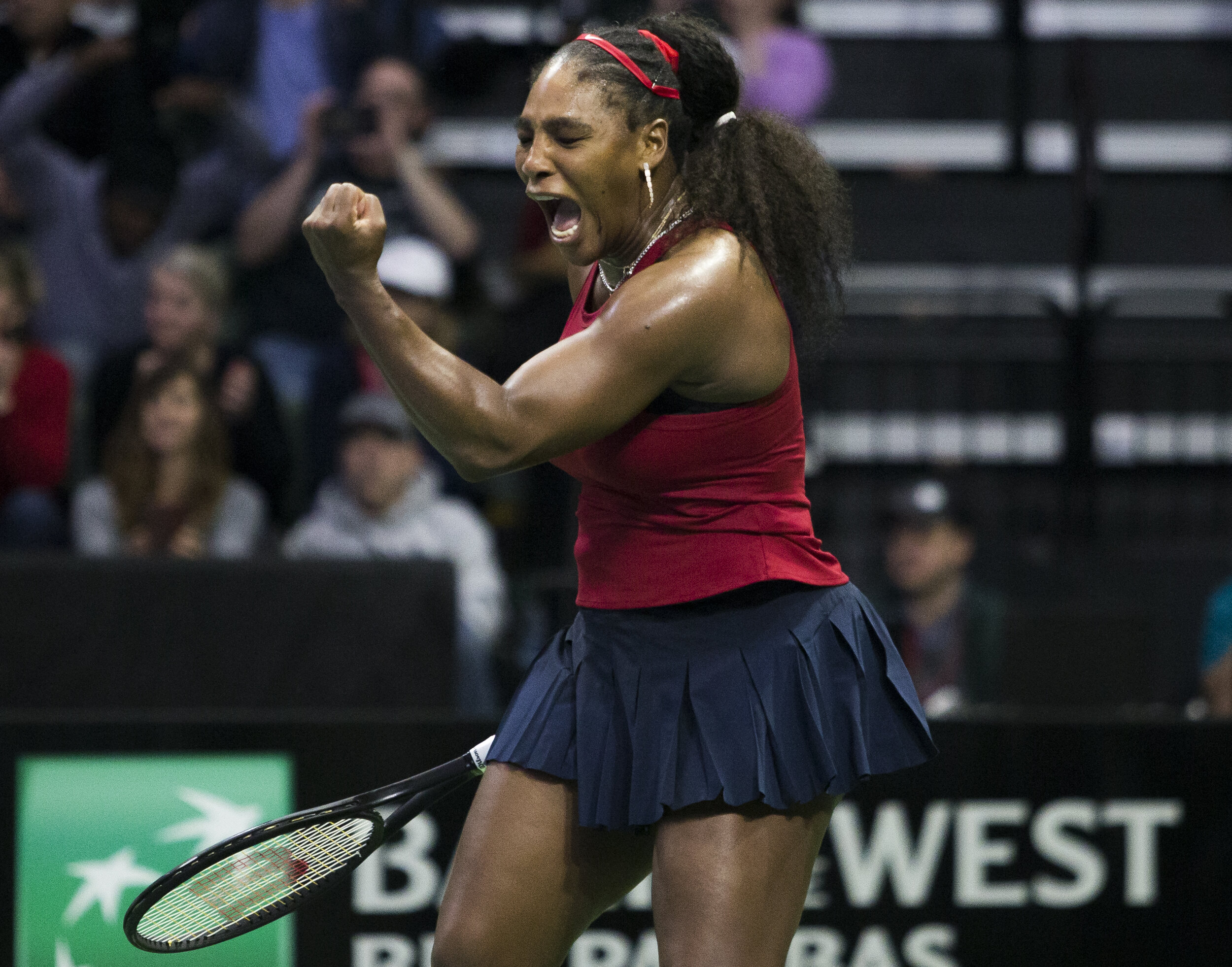  Serena Williams reacts to winning the match point against Jelena Ostapenko at the Fed Cup at Angel of the Winds Arena on Feb. 7, 2019 in Everett, Washington. 