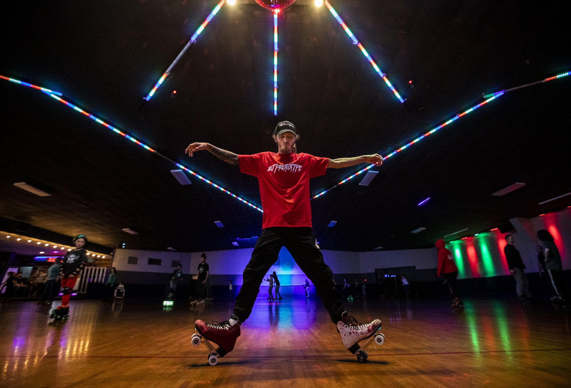  Joseph Cordell, a long time patron of the Everett Skate Deck, demonstrates some of his skate moves in the center of the floor during the final open skate session at the Everett Skate Deck on Sunday, April 3, 2022. After 61 years in business, Everett