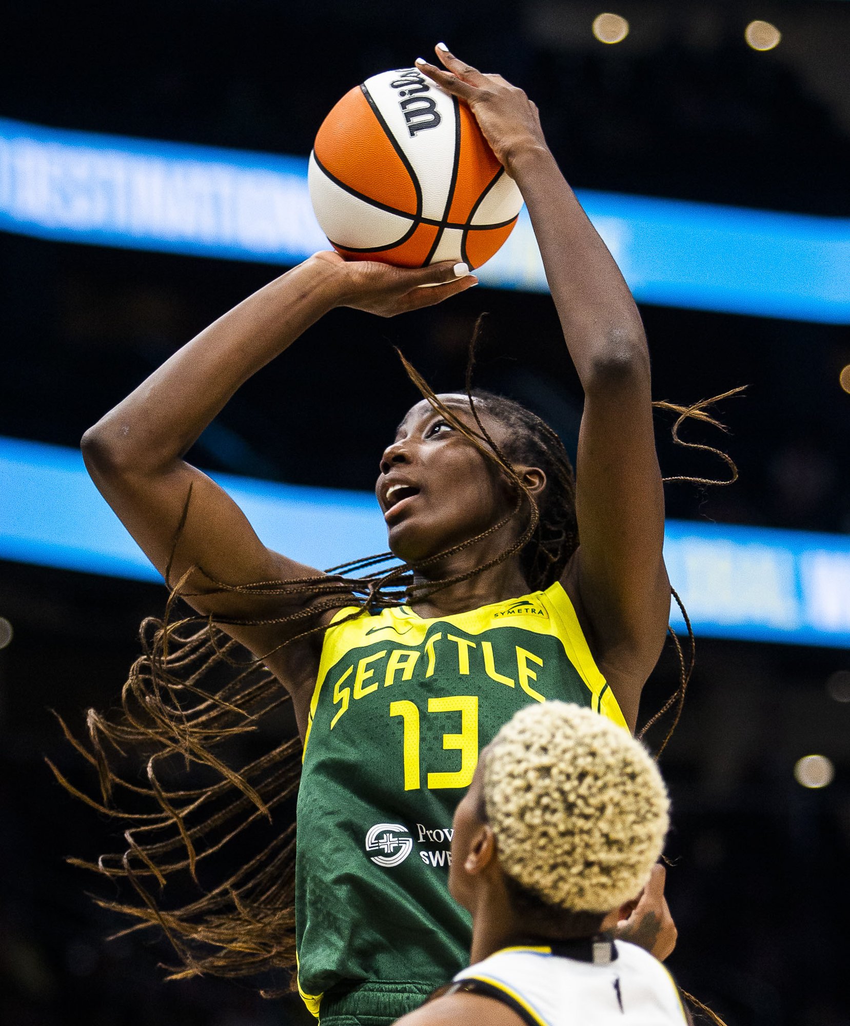 Seattle Storm’s Ezi Magbegor makes a three-point shot during the game against the Chicago Sky at Climate Pledge on Aug. 27, 2023 in in Seattle, Washington. 