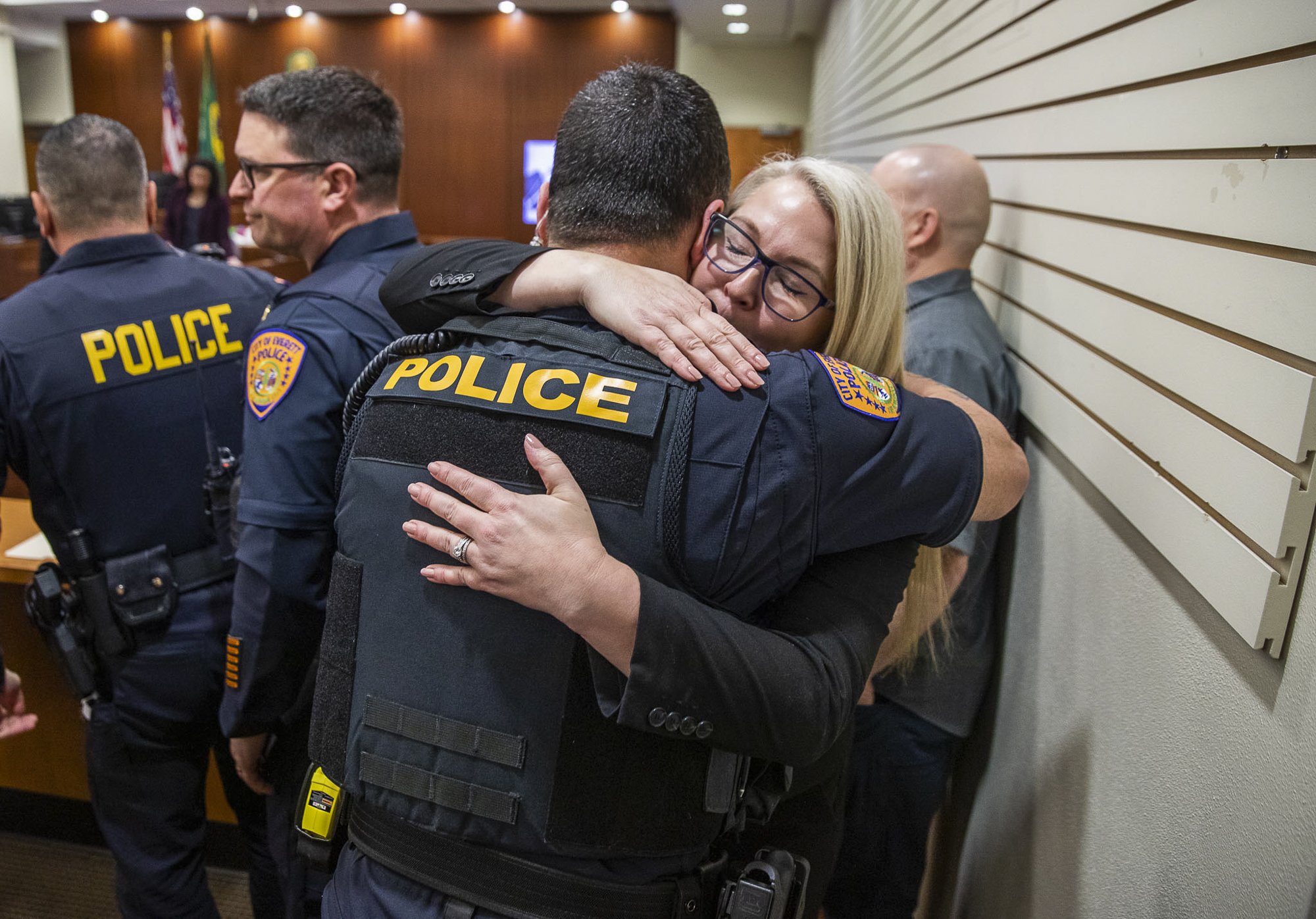  Snohomish County Detective Kendra Conley, right, hugs Everett Police Lieutenant Tim Collings, left, after the reading of the verdict at the trial of Richard Rotter at the Snohomish County Courthouse on Monday, April 3, 2023 in Everett, Washington. R