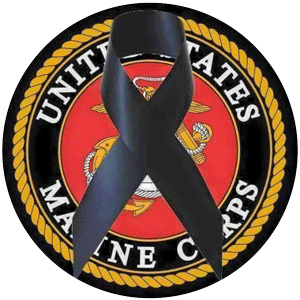USMC badge with the black ribbon, symbolizing remembrance or mourning.