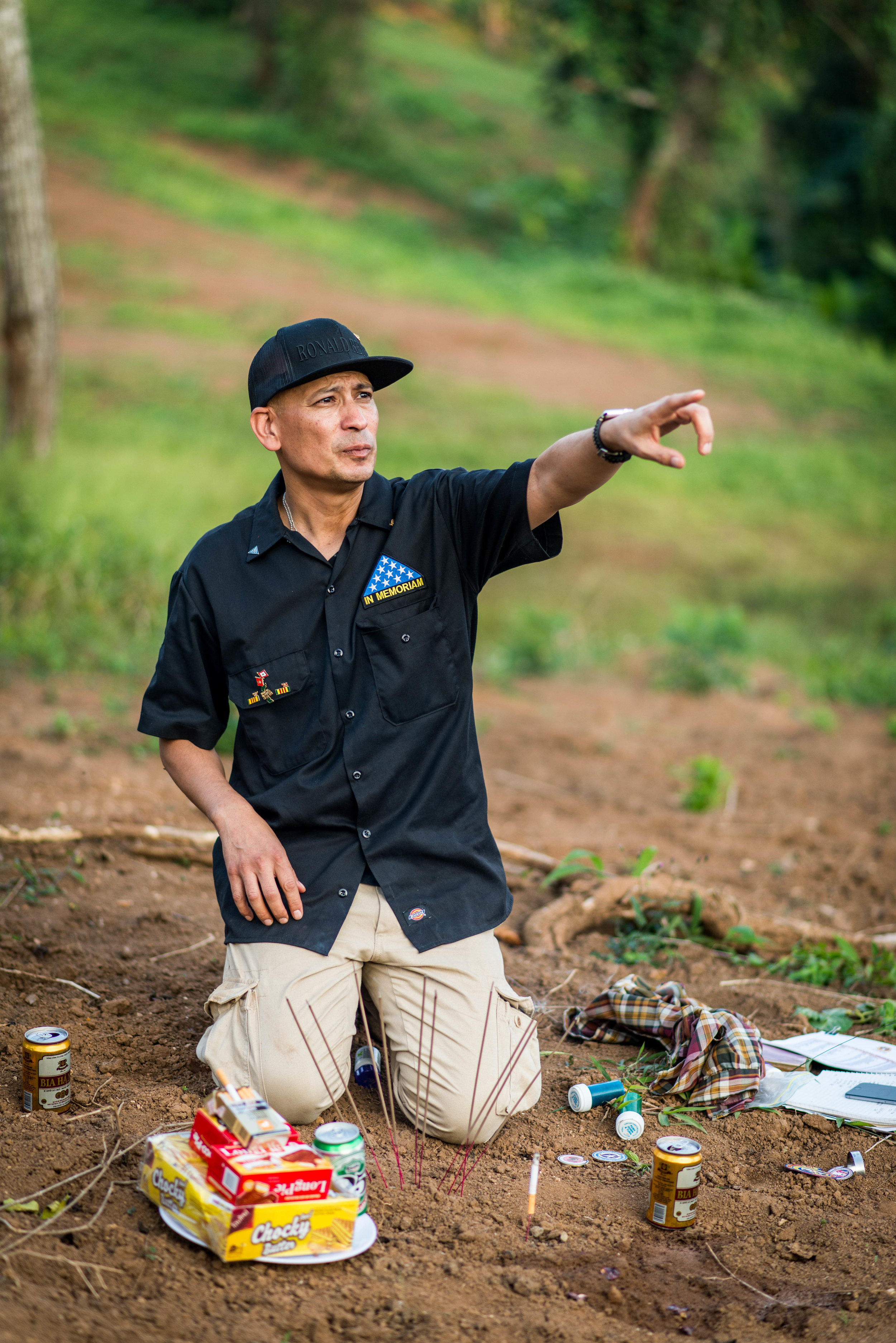 Ron Reyes points to the location where his father was killed. Khe Sanh.