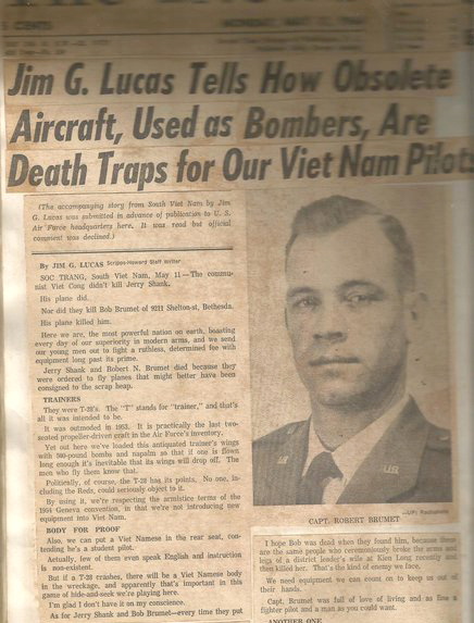 A newspaper article describing incidents involving overloaded training planes, including the accident that claimed Brumet’s life.