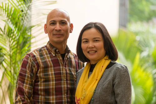 Ron Reyes with Luu Thi Kim Hien. They met in Hanoi at the very first meeting of sons and daughters from both sides. Ron and Luu Thi Kim Hien's children are the same age.