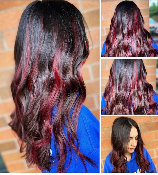 Gorgeous #redviolet pops of color against #darkhair. #balayage #darkhairbalayage #shinyhair #beaverton #tigard #progressridge #beavertonstylist #balayageartists @mastersofbalayage @progressridgetownsquare @adriana_twystsalon Stylist Adriana