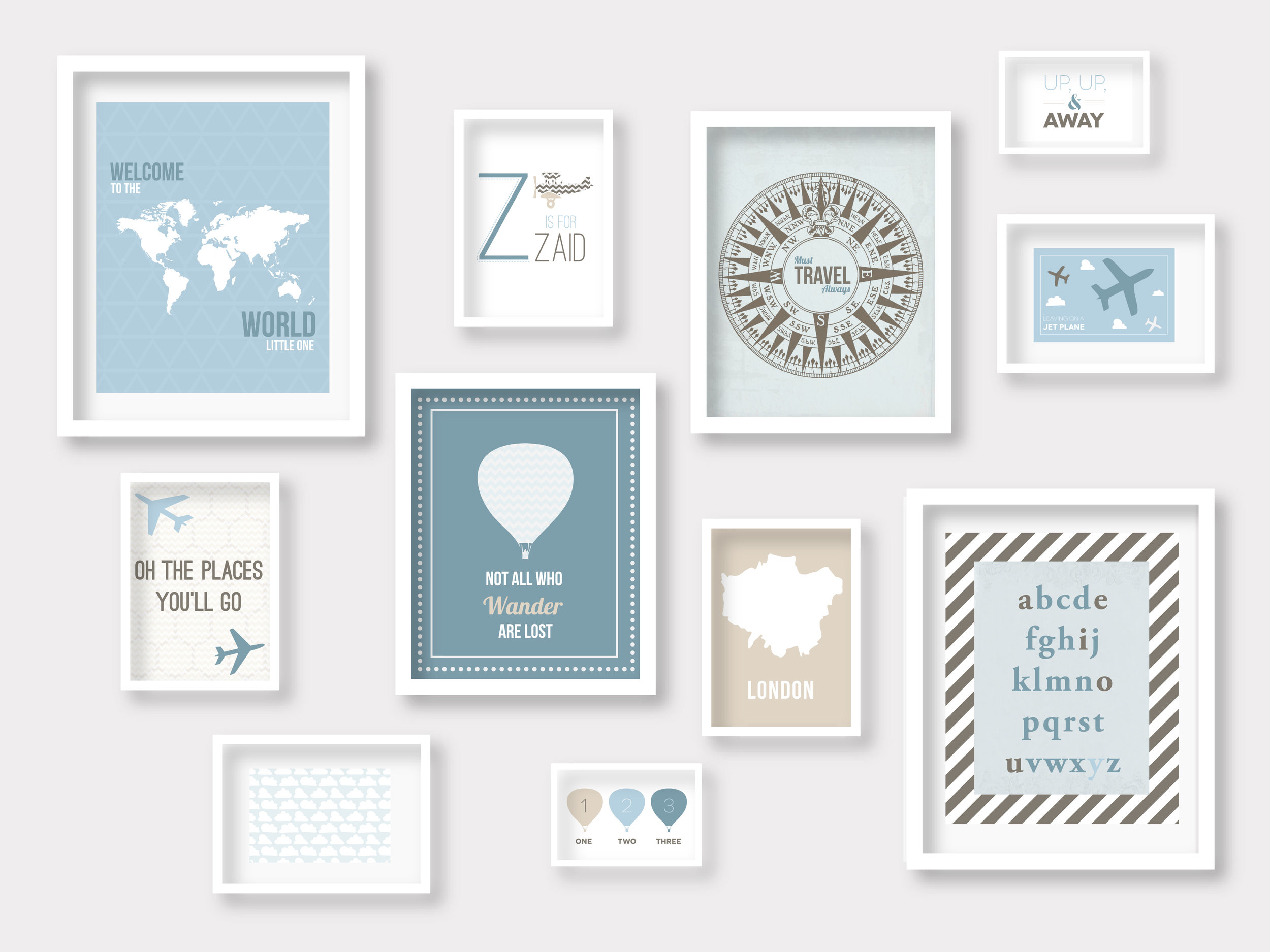 Travel Gallery Wall in Tans and Blues