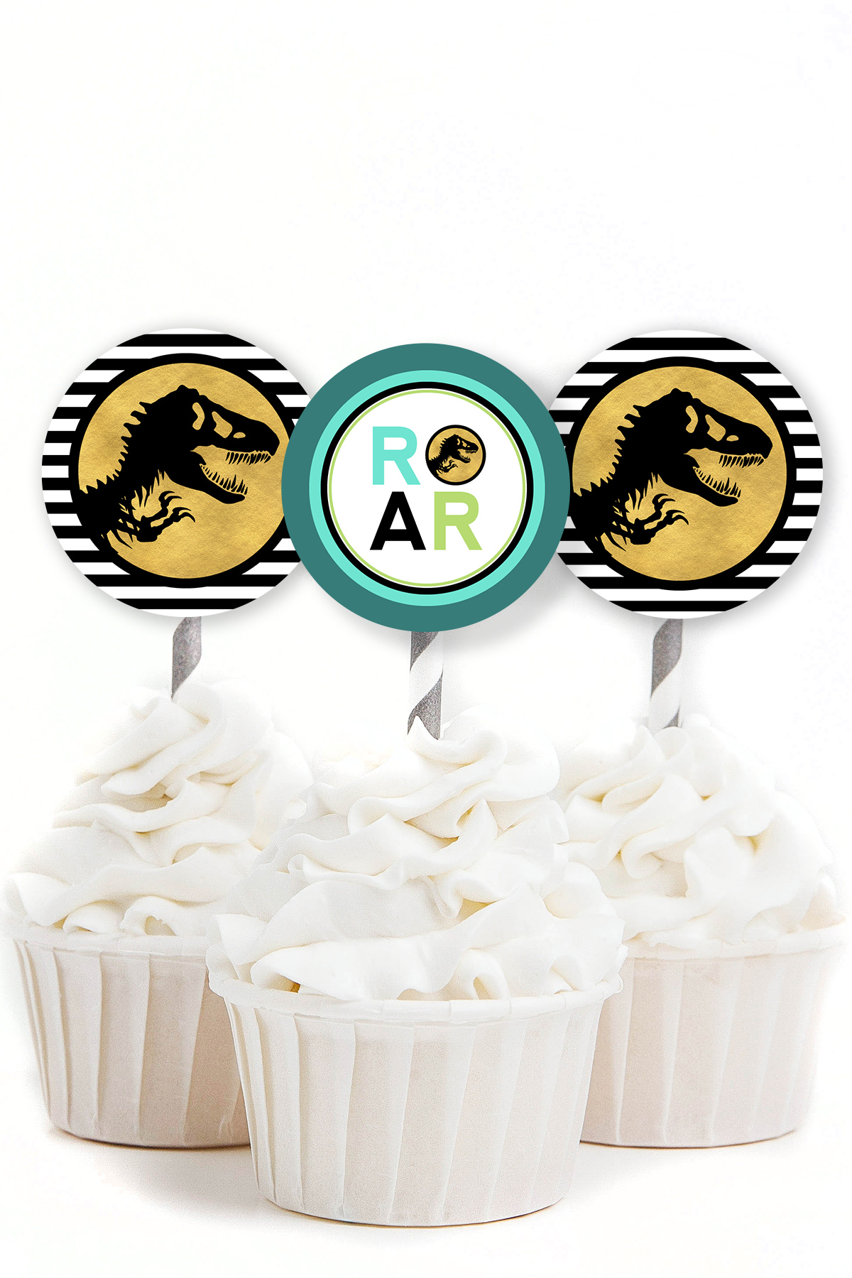 Free Printable Jurassic Park inspired cupcake toppers by MKKM Designs
