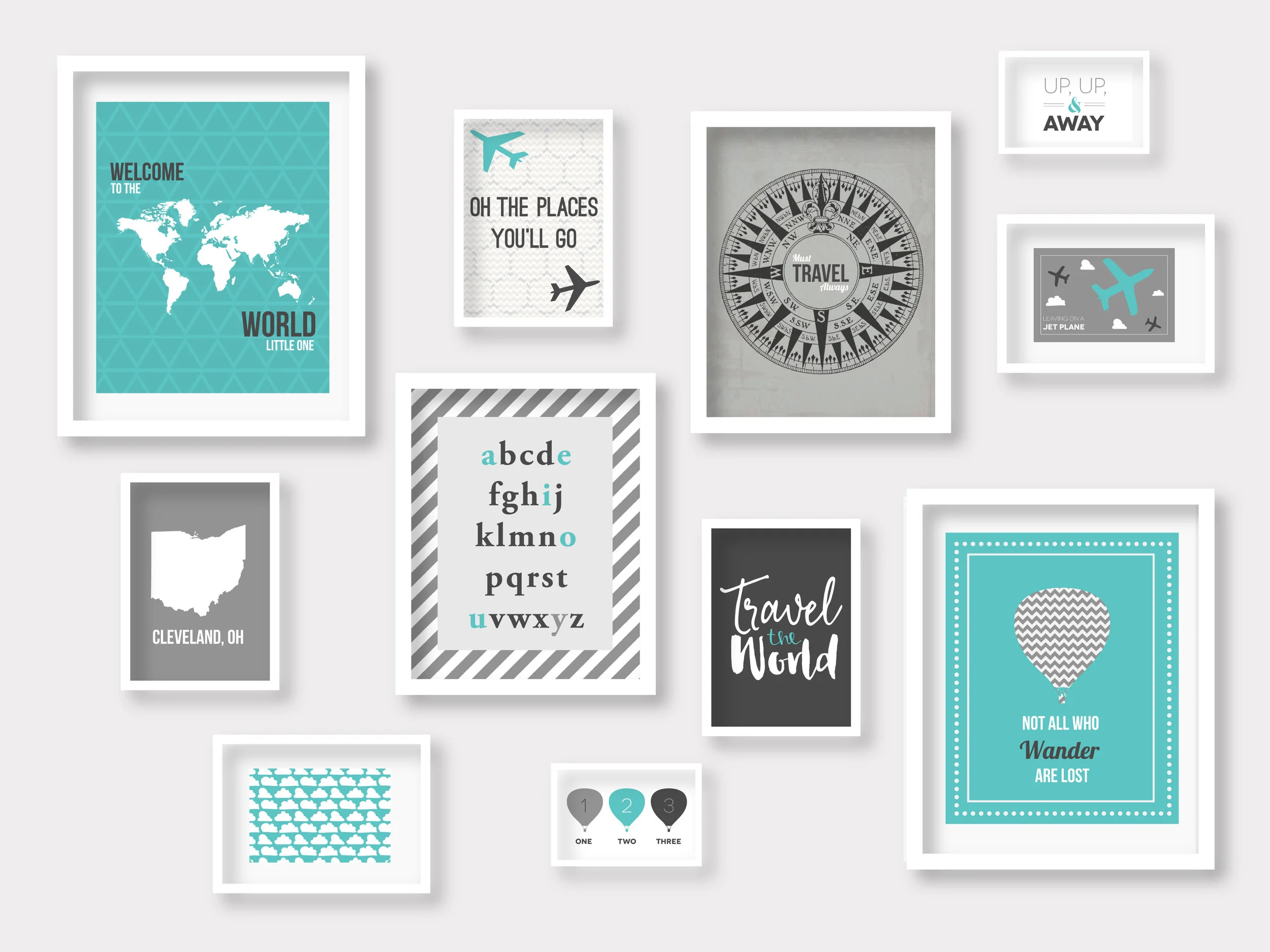Travel Gallery Wall in Teal and Gray