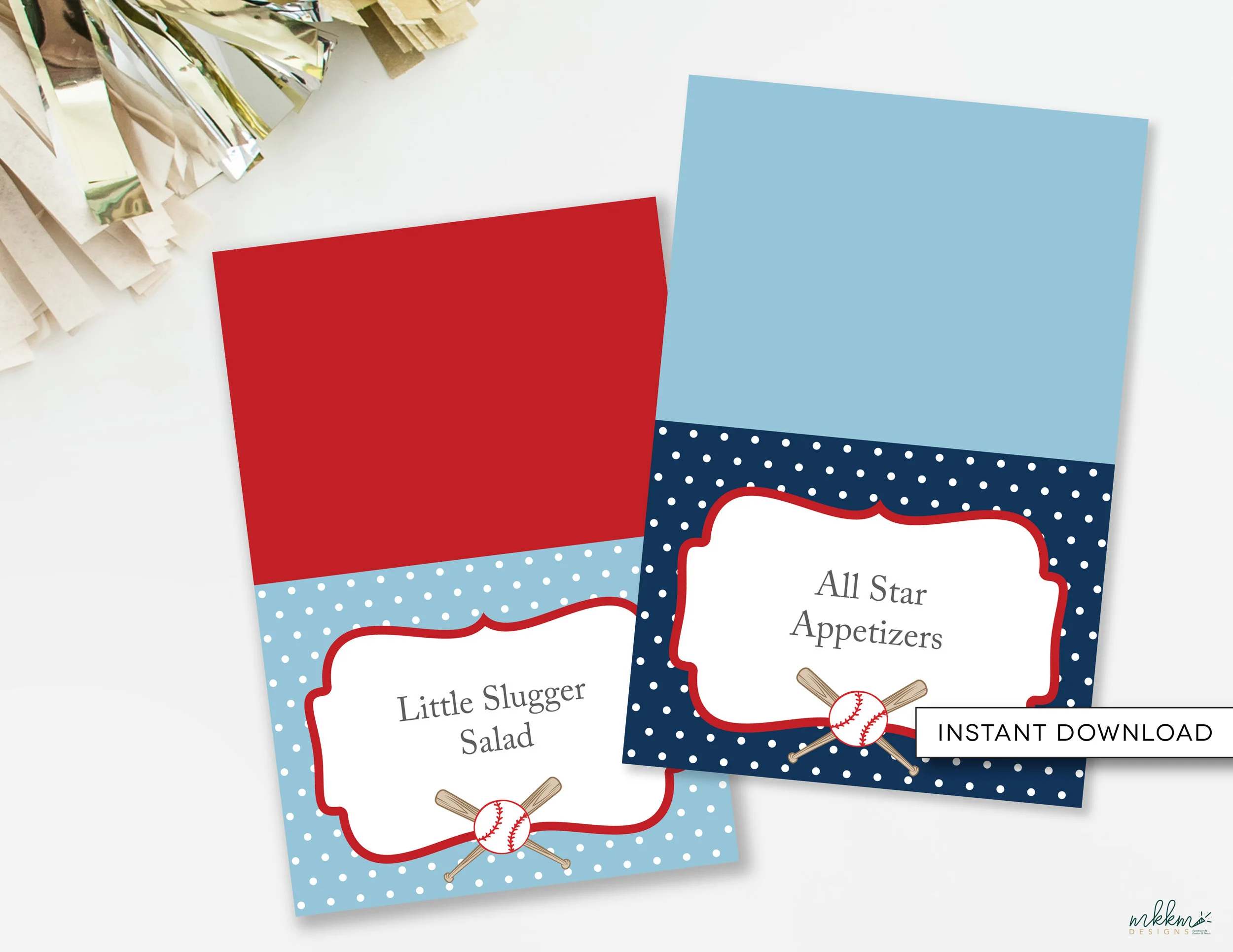 Baseball Food Cards by MKKM Designs. Perfect for a little slugger baby shower or all star birthday party.