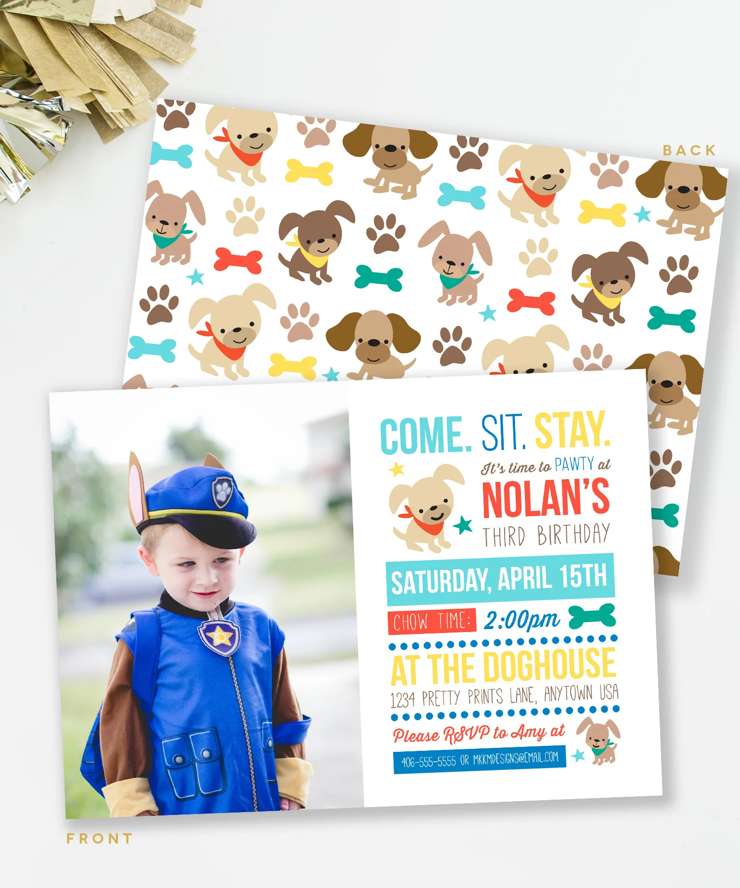 Puppy Pawty photo invitation. This invitation is perfect for a Paw Patrol inspired birthday party. Designs by MKKM Designs.