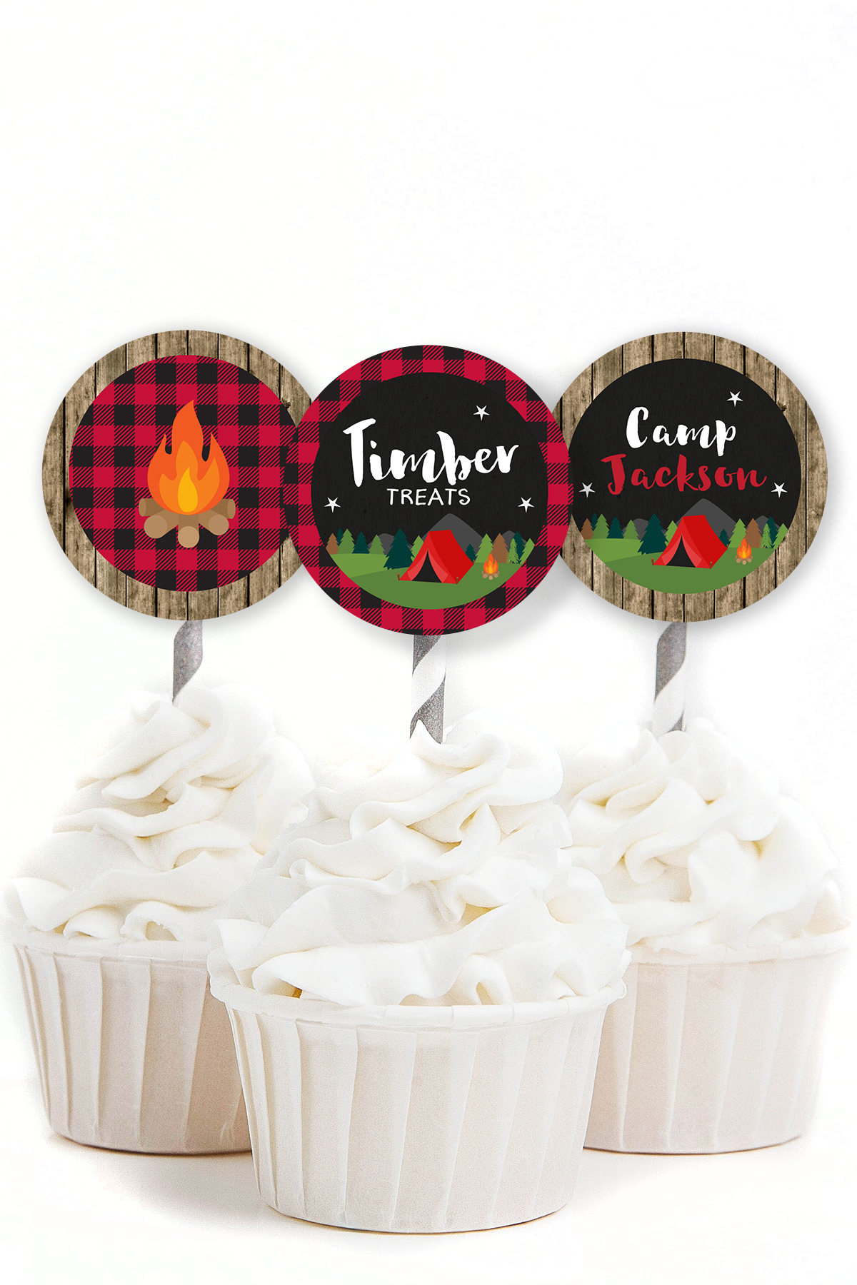 Camping party cupcake toppers. Designed by MKKM Designs