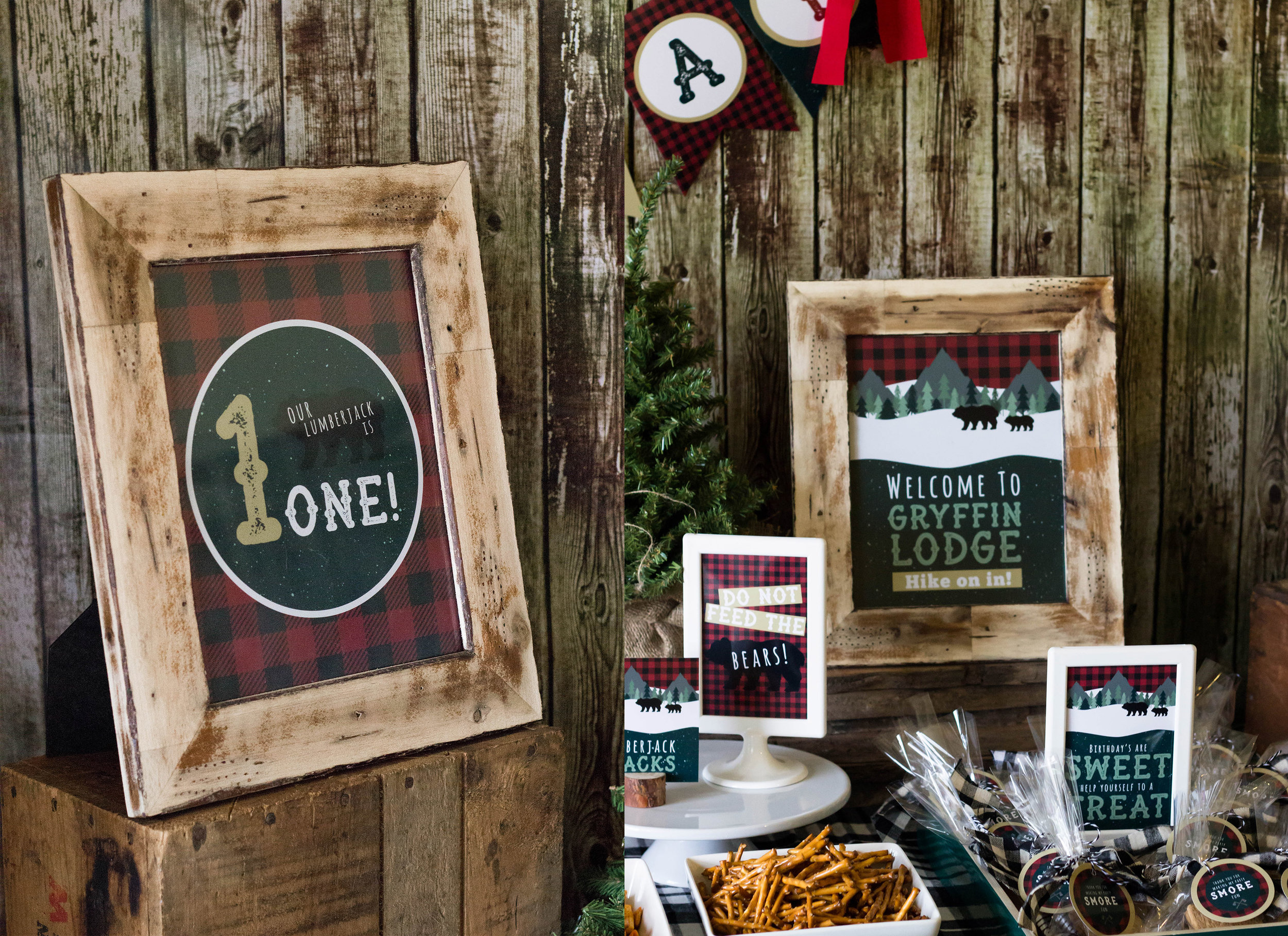 Lumberjack party food signs. Customized Lodge sign for a rustic birthday.