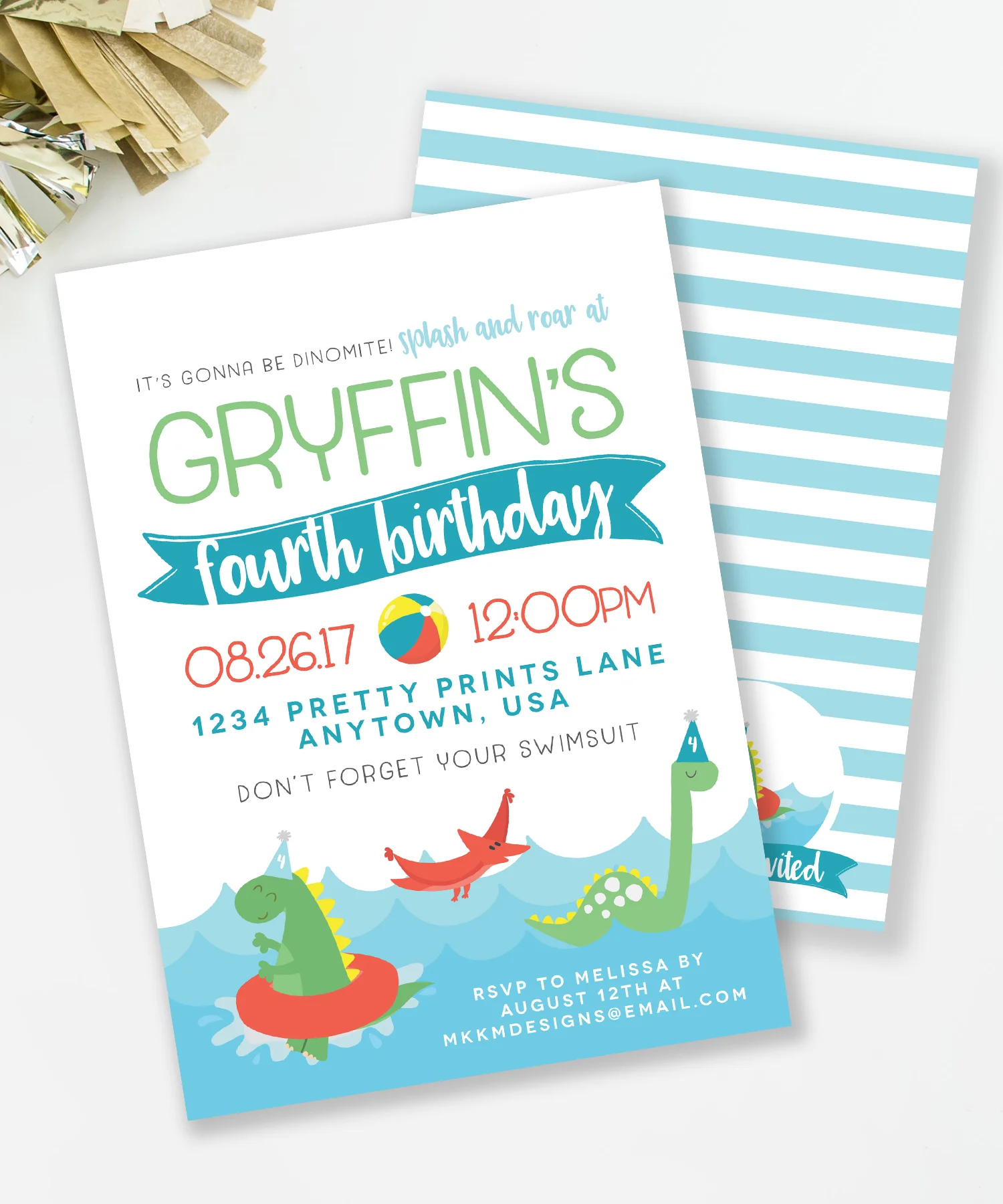 Splash and Roar at a Dinosaur Pool Party Invitation designed by MKKM Designs