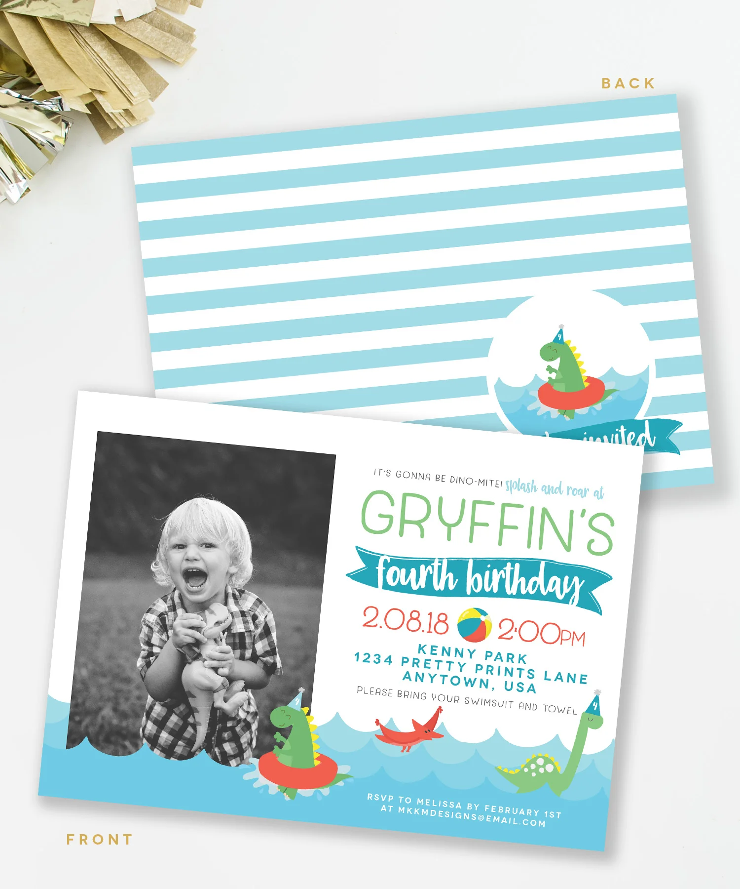 Make your invitation extra special by adding a photo. This dinosaur pool party invite is perfect for summer birthdays.