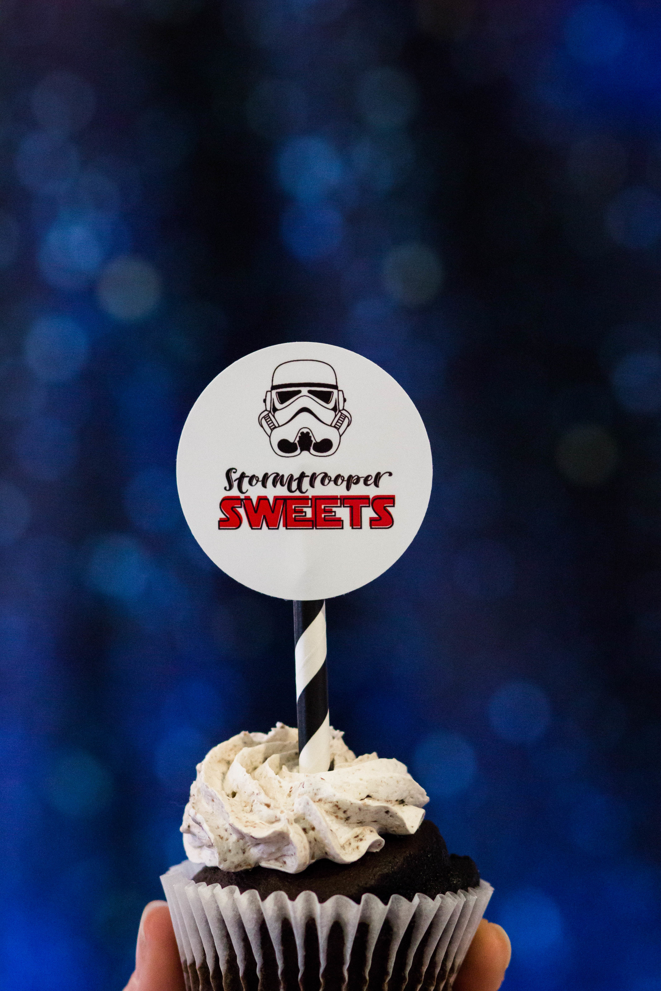 Stormtrooper Cupcakes at a Star Wars Birthday party // printables from shopmkkm.com