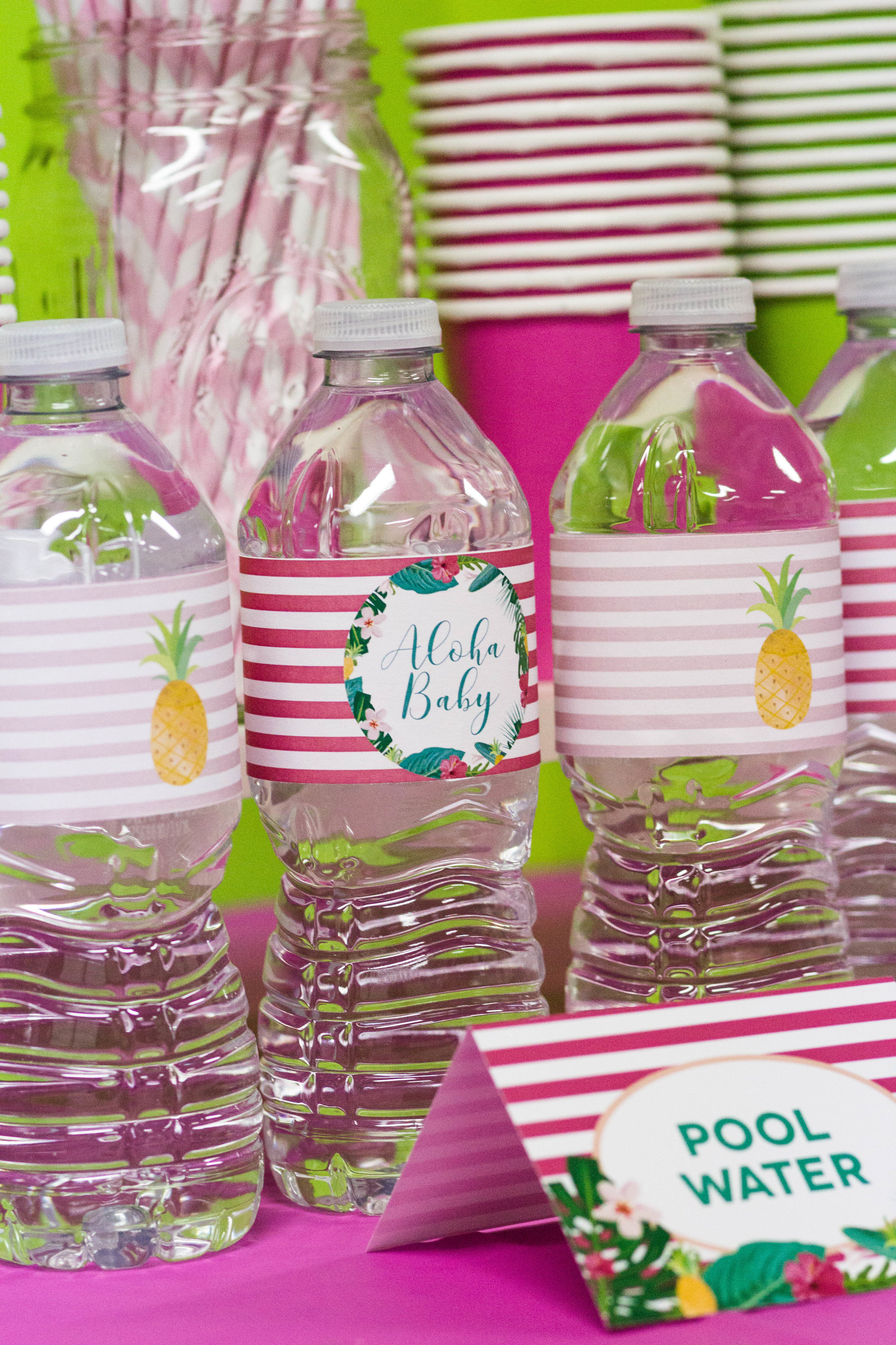 Flamingo bottle wrappers from a flamingo themed baby shower // designs from shopmkkm.com