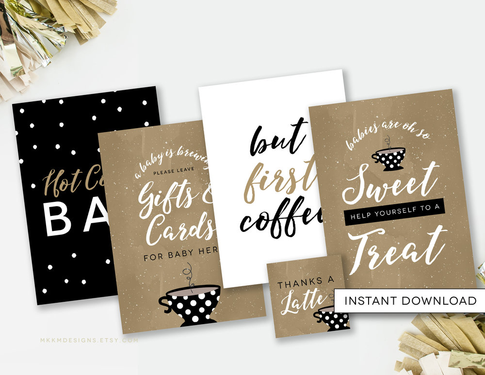A Baby is Brewing themed table signs. The perfect party signs for a coffee baby shower. Includes a Gift Table Sign, Hot Cocoa Bar, But First Coffee and more.