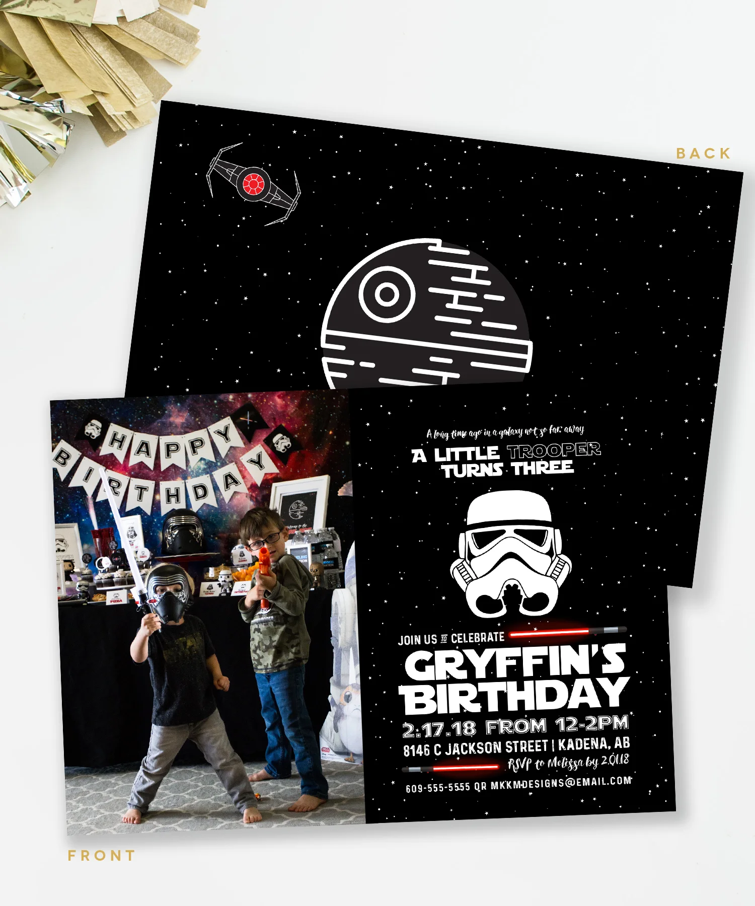 Star Wars party invites, personalized for your little trooper. These photo invites add a special touch to your invitation. // mkkmdesigns