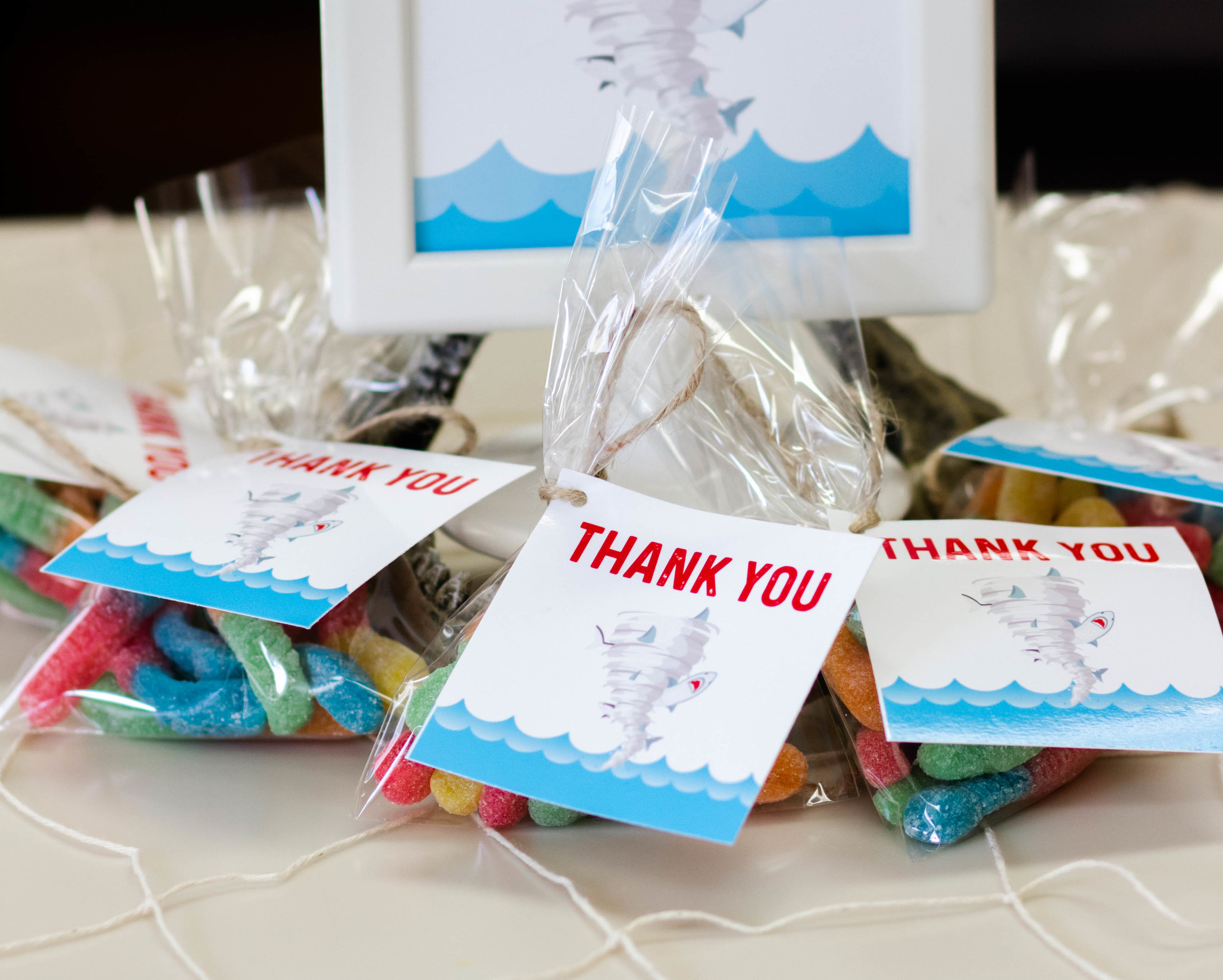 Free Printable thank you tags // Shark Party Decor - Sharknado Birthday Party Ideas // mkkmdesigns