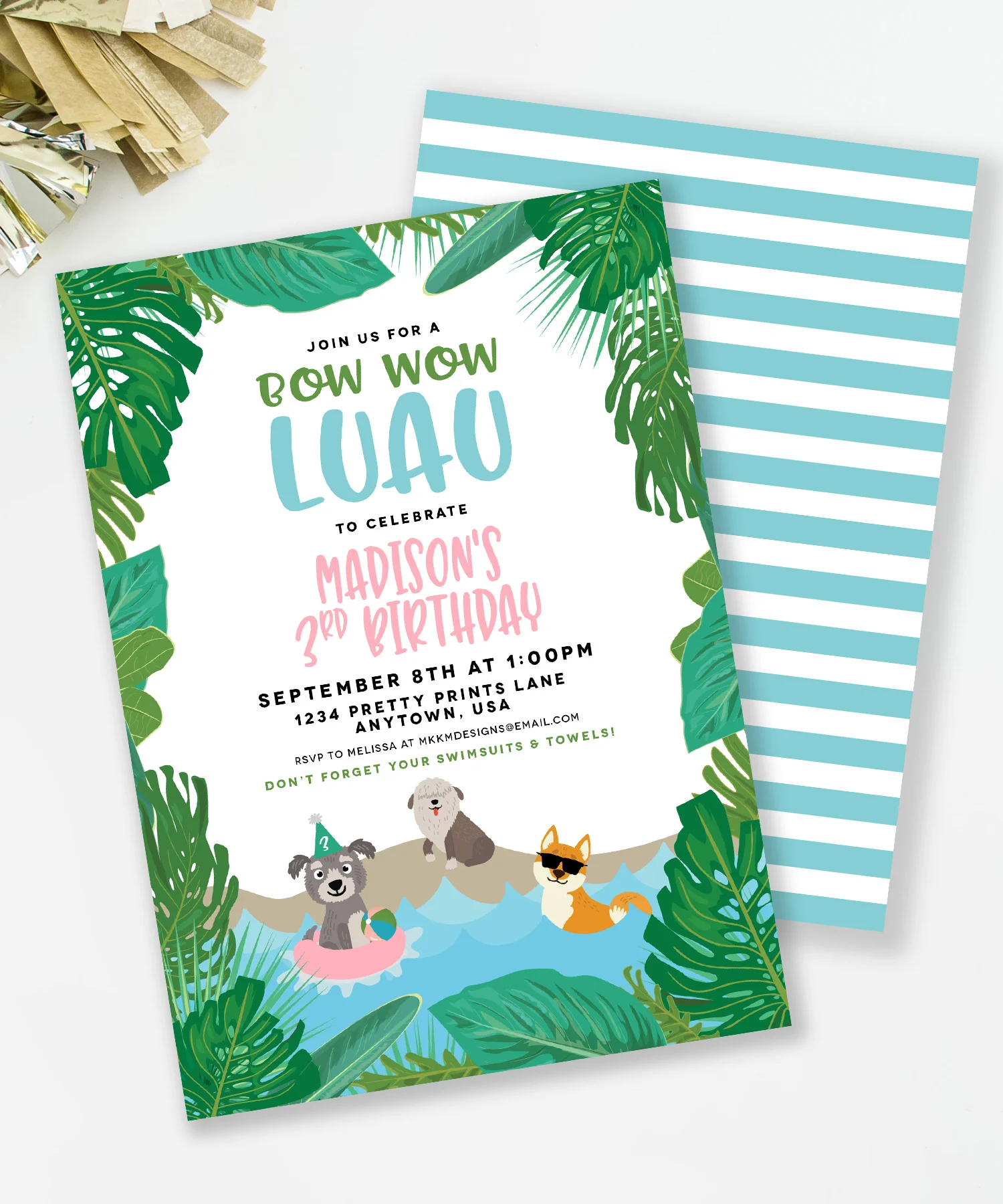 This girly, tropical, puppy party invite is perfect for a summer pool party // mkkmdesigns