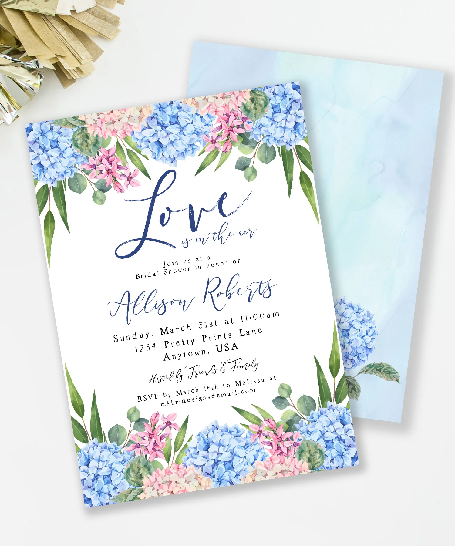 Hydrangea Bridal Shower Invites // These watercolor invitations are perfect for a spring bridal shower // mkkmdesigns