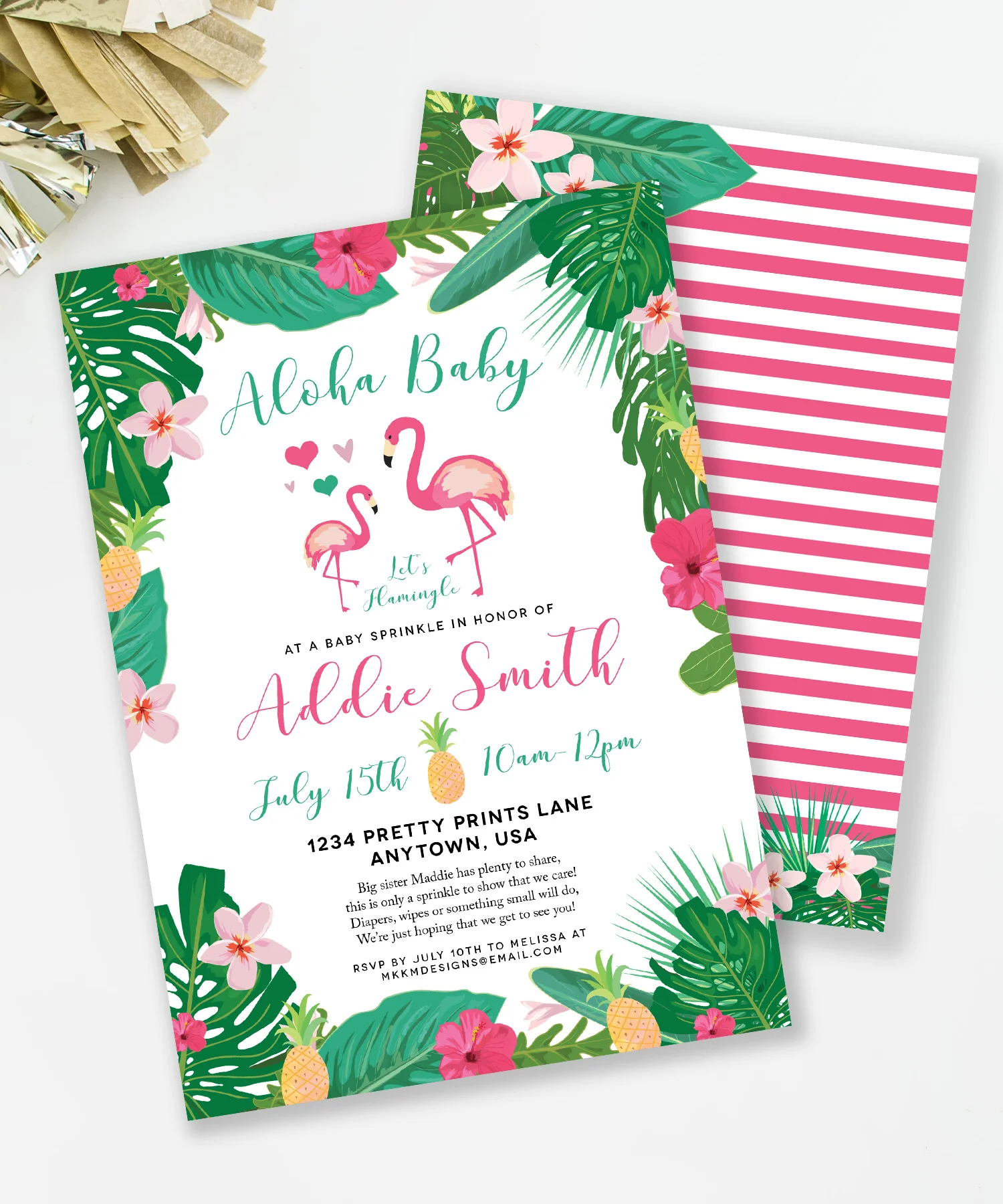 Flamingo Baby Sprinkle Invitations for a tropical luau shower // mkkm designs