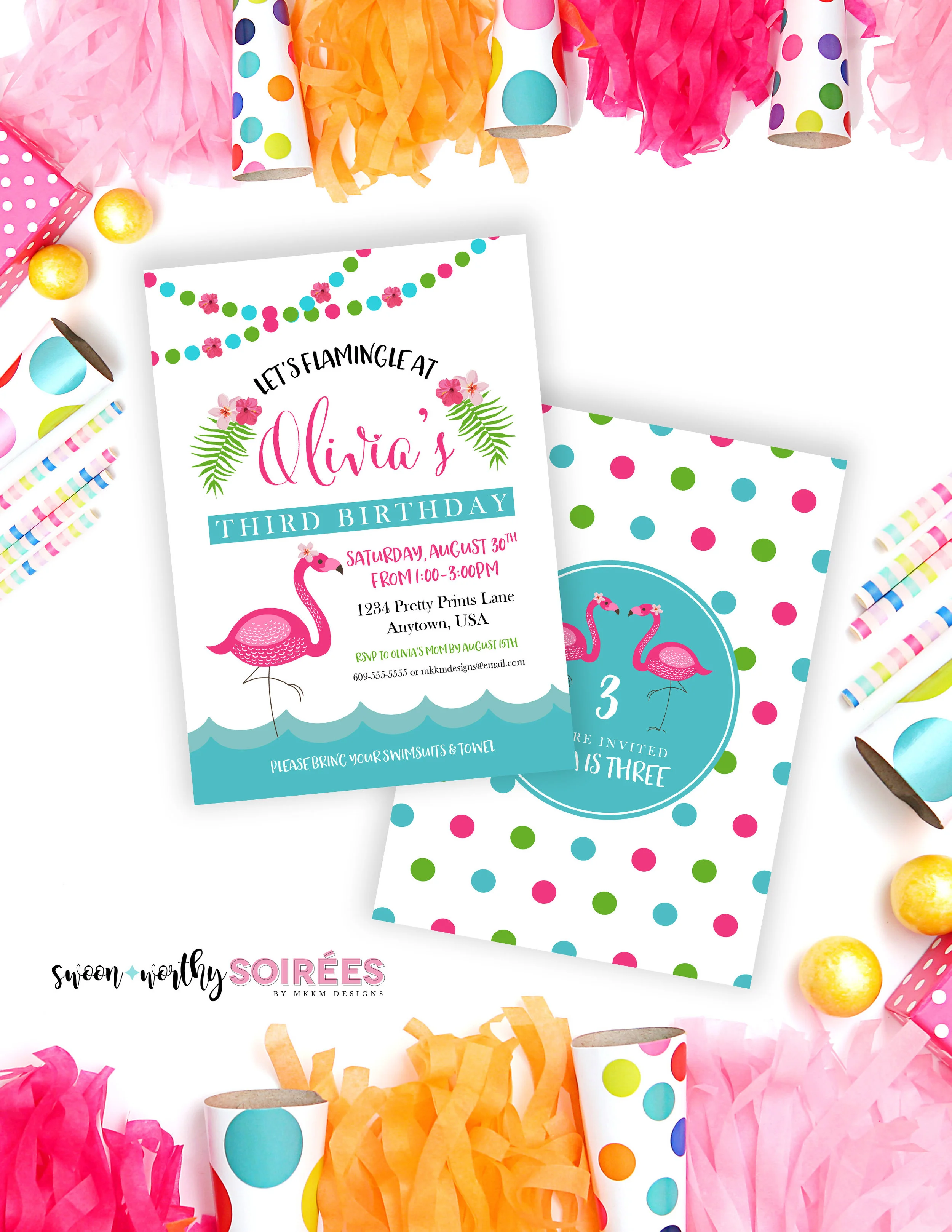 Flamingo party invites in a tropical theme from mkkmdesigns