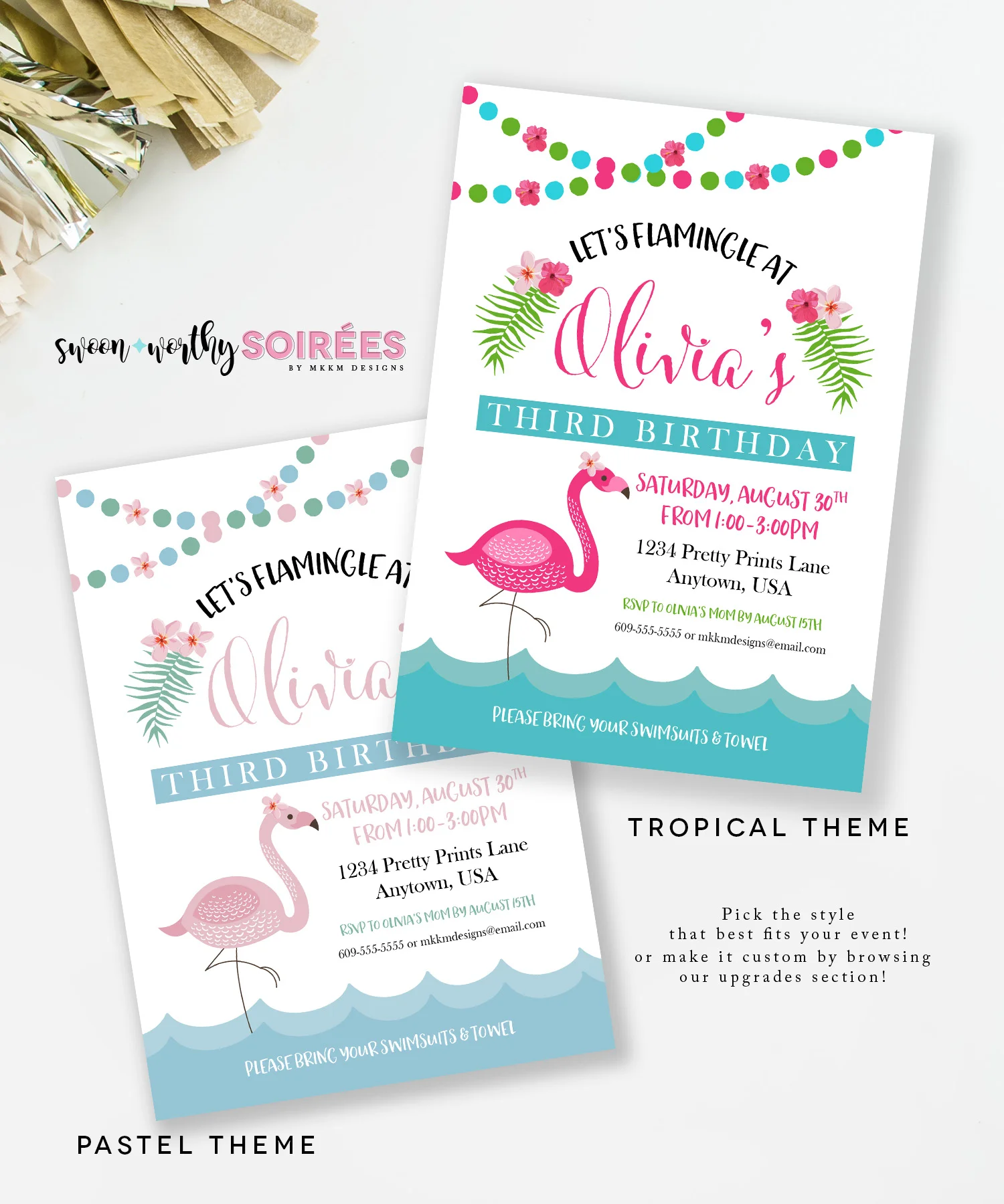 Choose your favorite color theme with our flamingo birthday invites // mkkmdesigns