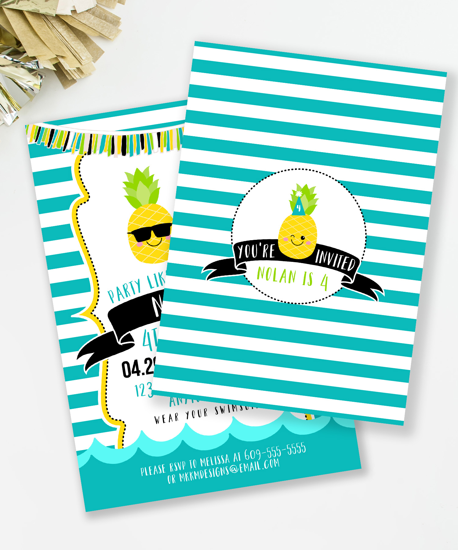 Pineapple party invitations from MKKM Designs