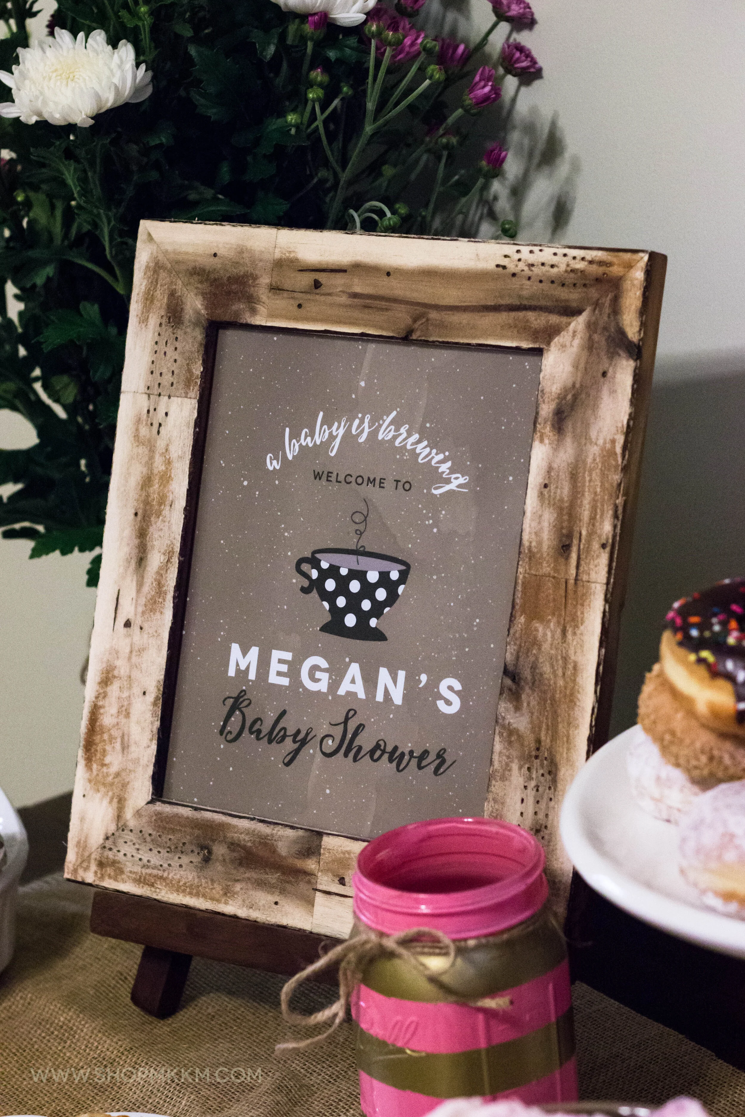 A Baby Is Brewing, Coffee themed baby shower welcome sign. // shopmkkm.com