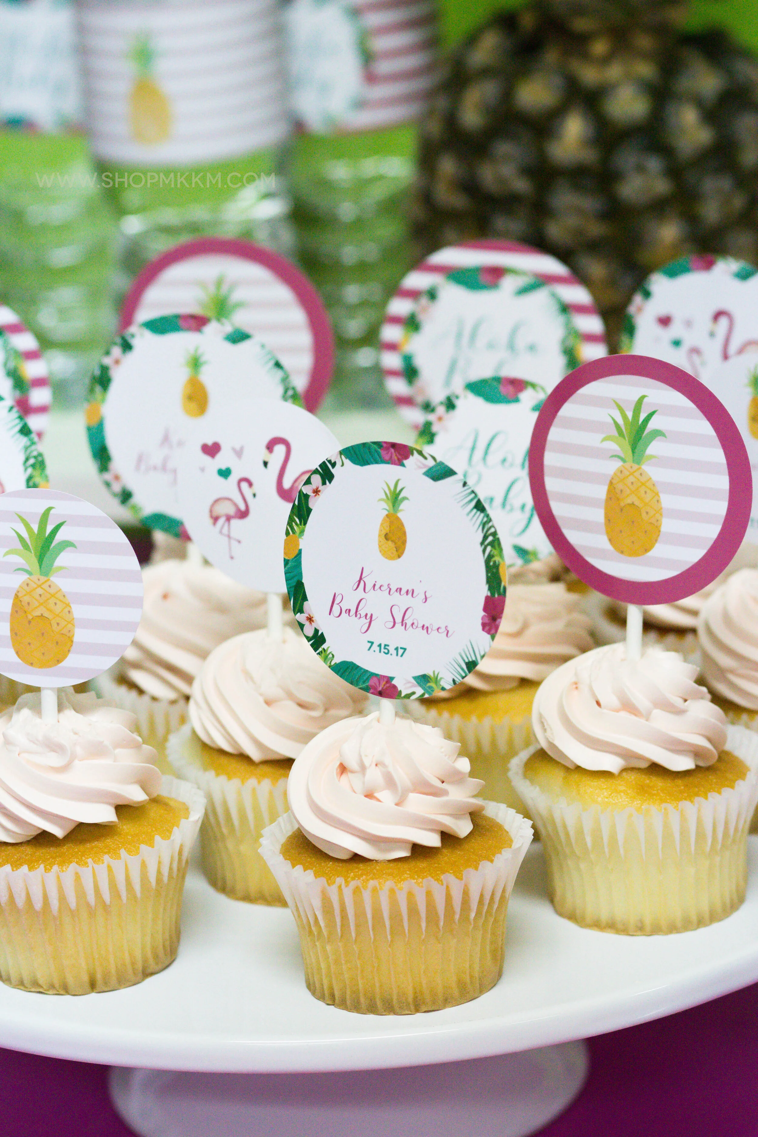 Custom flamingo cupcake toppers for your luau themed baby shower.