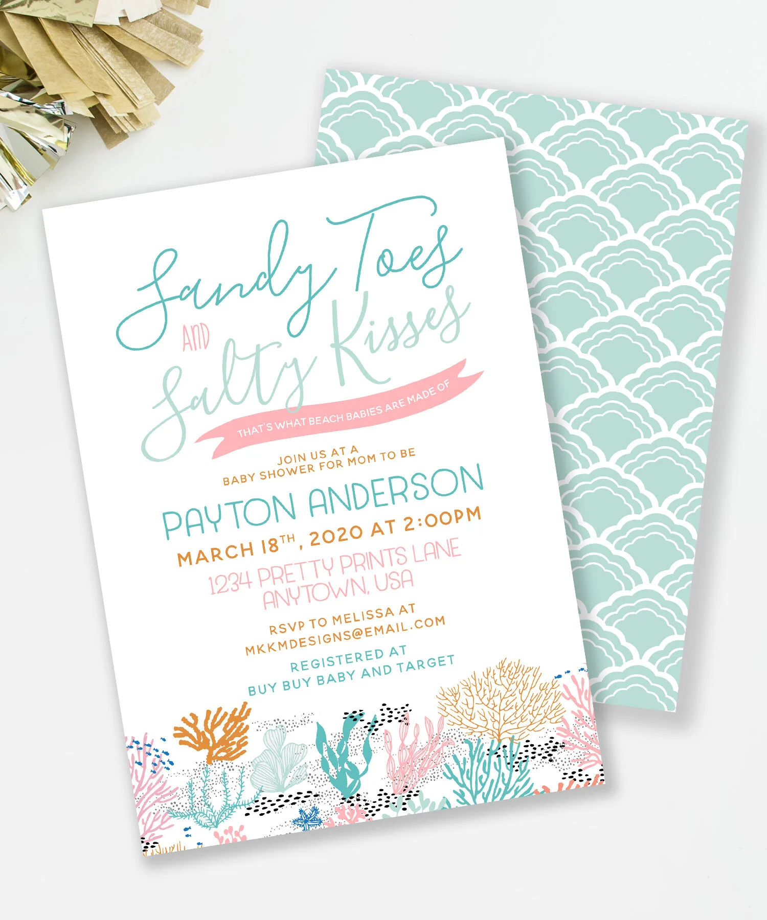 Sandy toes and salty kisses, that's what beach babies are made of! Throw a beachy themed baby shower with this invitation. // Girl Baby Shower Invitations from mkkmdesigns.com
