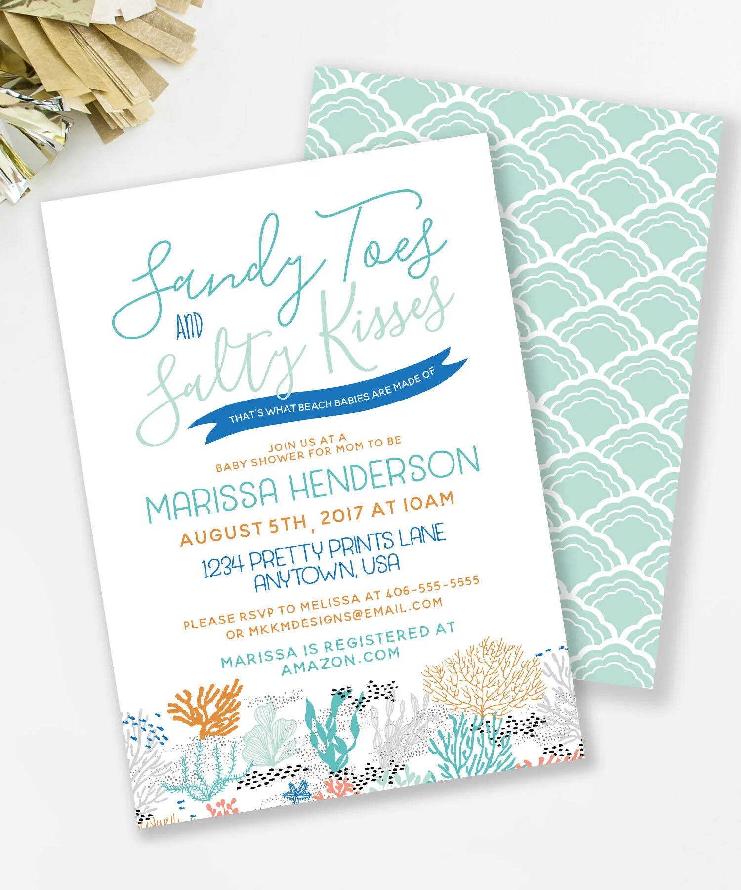 Sandy toes and salty kisses, that's what beach babies are made of! Throw a beachy themed baby shower with this invitation. // Boy Baby Shower Invitations from mkkmdesigns.com