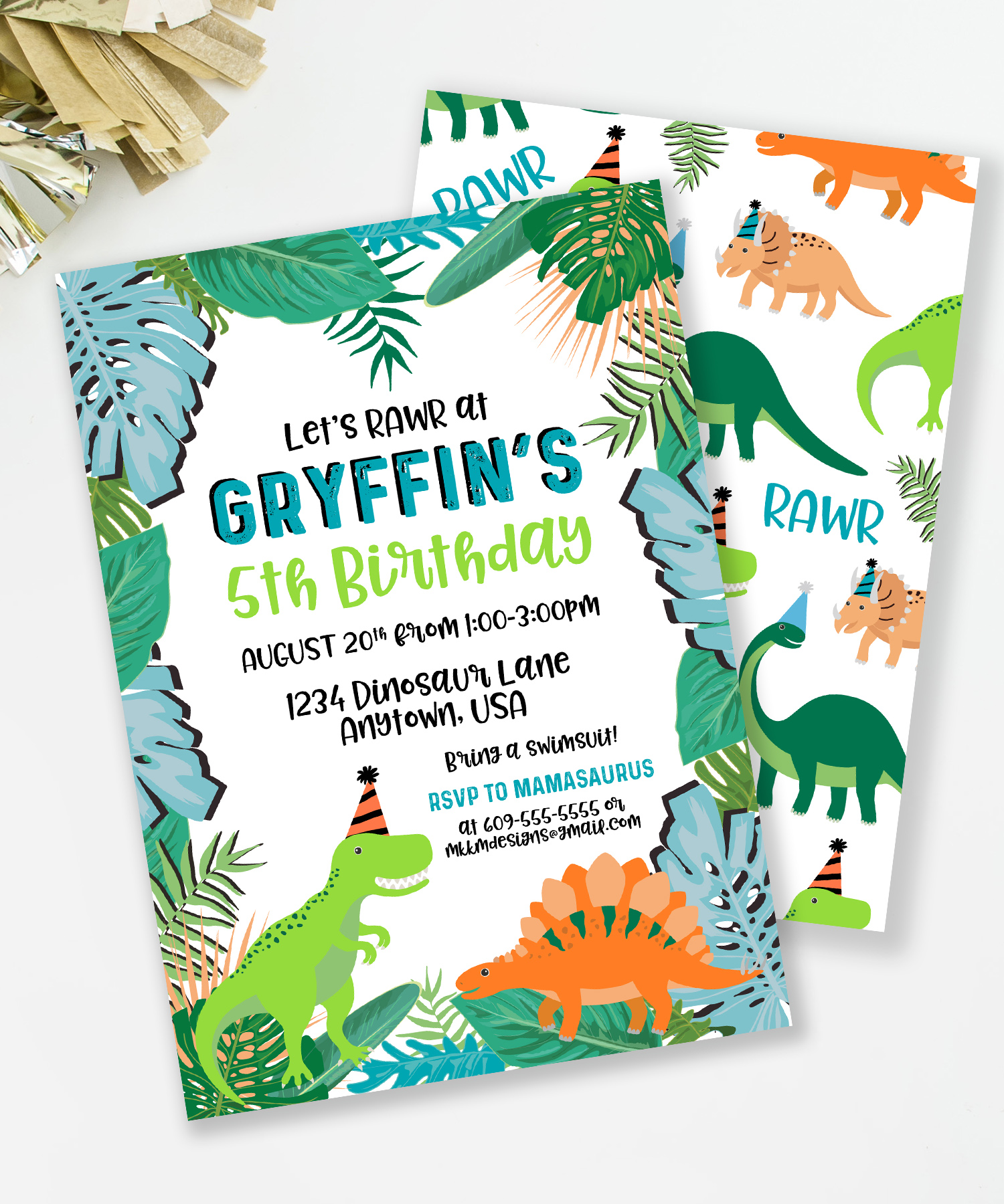 Tropical Dinosaur Party Invitation from MKKMDesigns