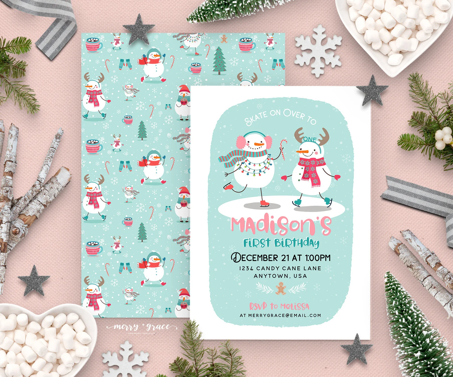 Skate on over to a snowy winter wonderland party. The “First birthday” wording can be changed to Holiday Party, Cookie Exchange or your own personalized party wording for this snowman theme