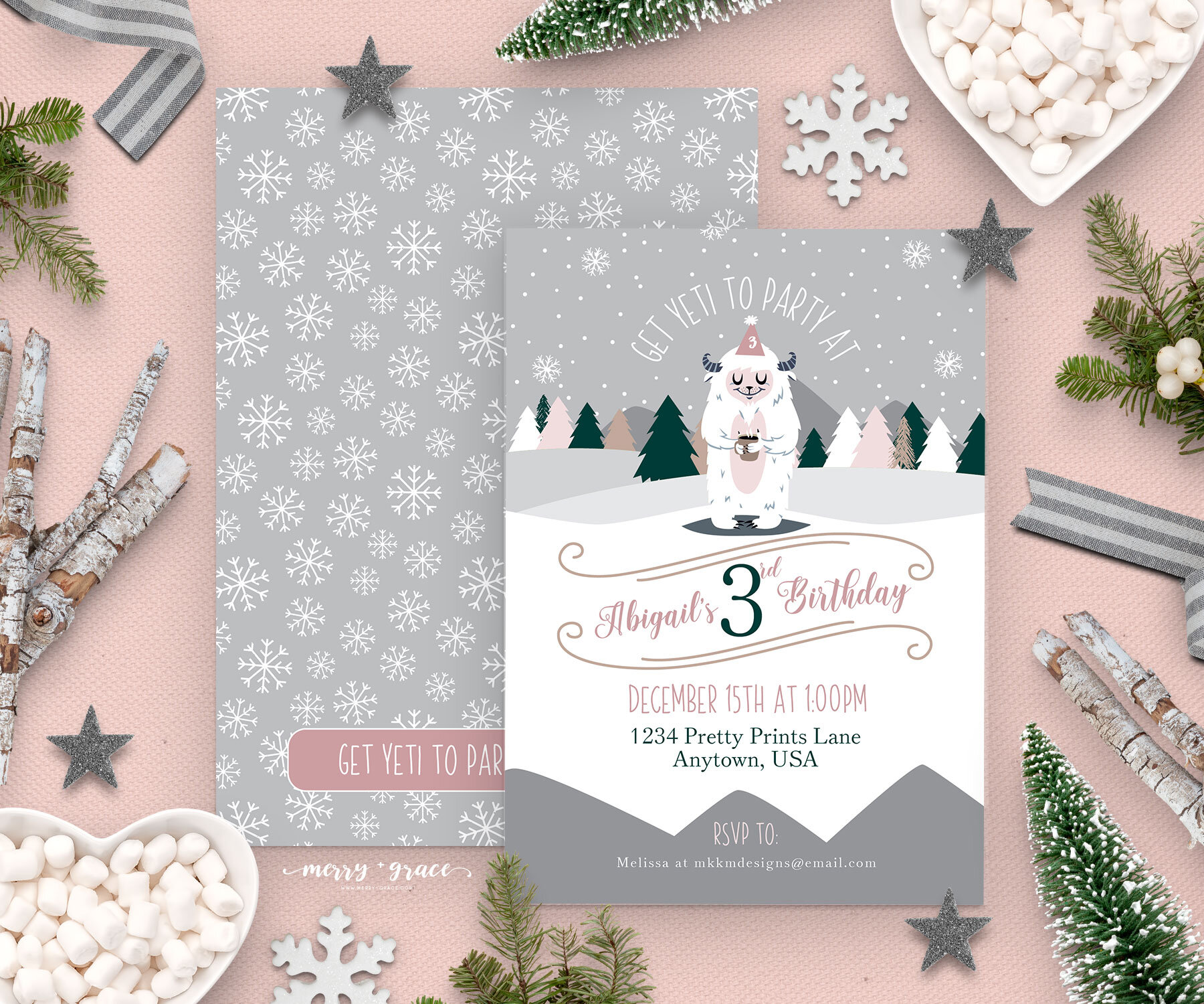 This girly pink yeti invitation is perfect for a winter birthday // merry and grace design co.