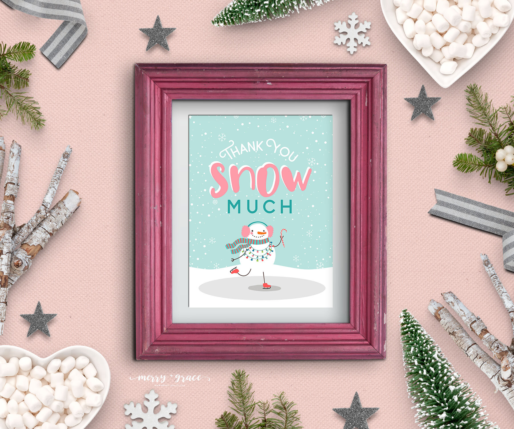 Thank you snow much! This party sign is perfect to set up a favor station at your event. The snowman theme works great for a winter party.