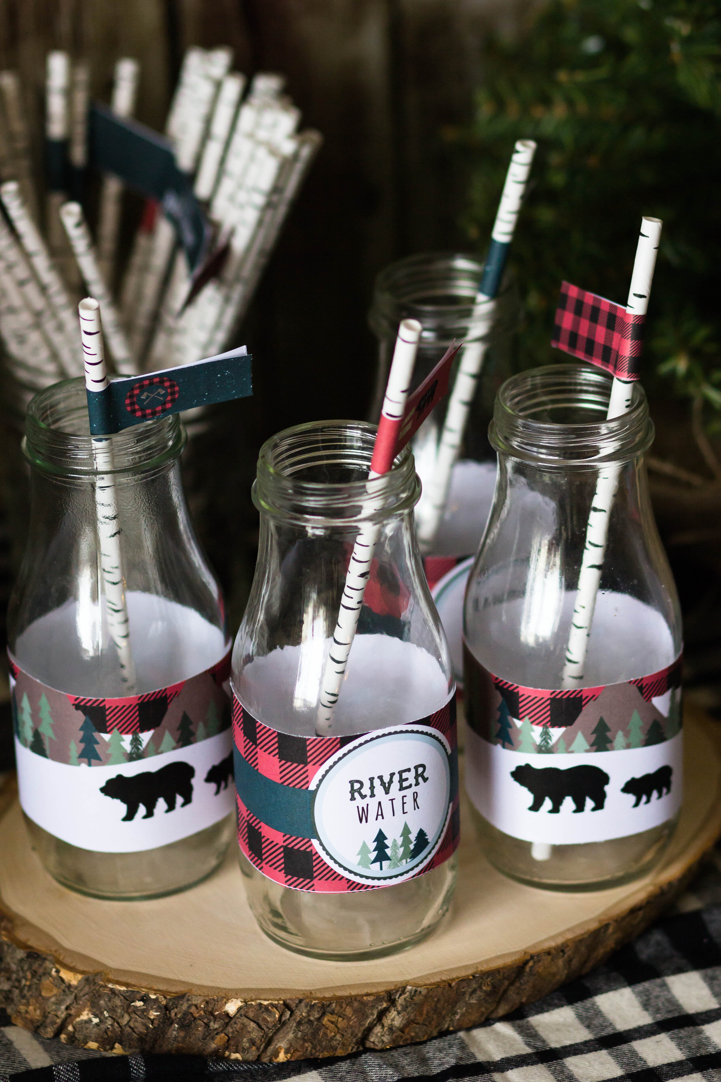 River Water bottle wrappers at a lumberjack birthday | merry+grace