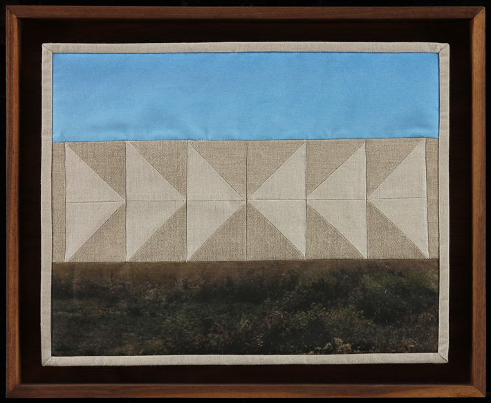 Geese Collide Overhead, 2014 16" x 20.5" framed Quilt: linen canvas, batting, thread, muslin