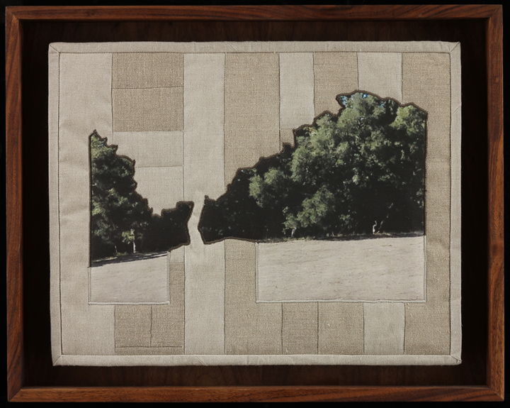 When I Fish Around I Feel The Haunting II , 2014 16.5" x 20.5" framed Quilt: linen canvas, muslin, batting, thread