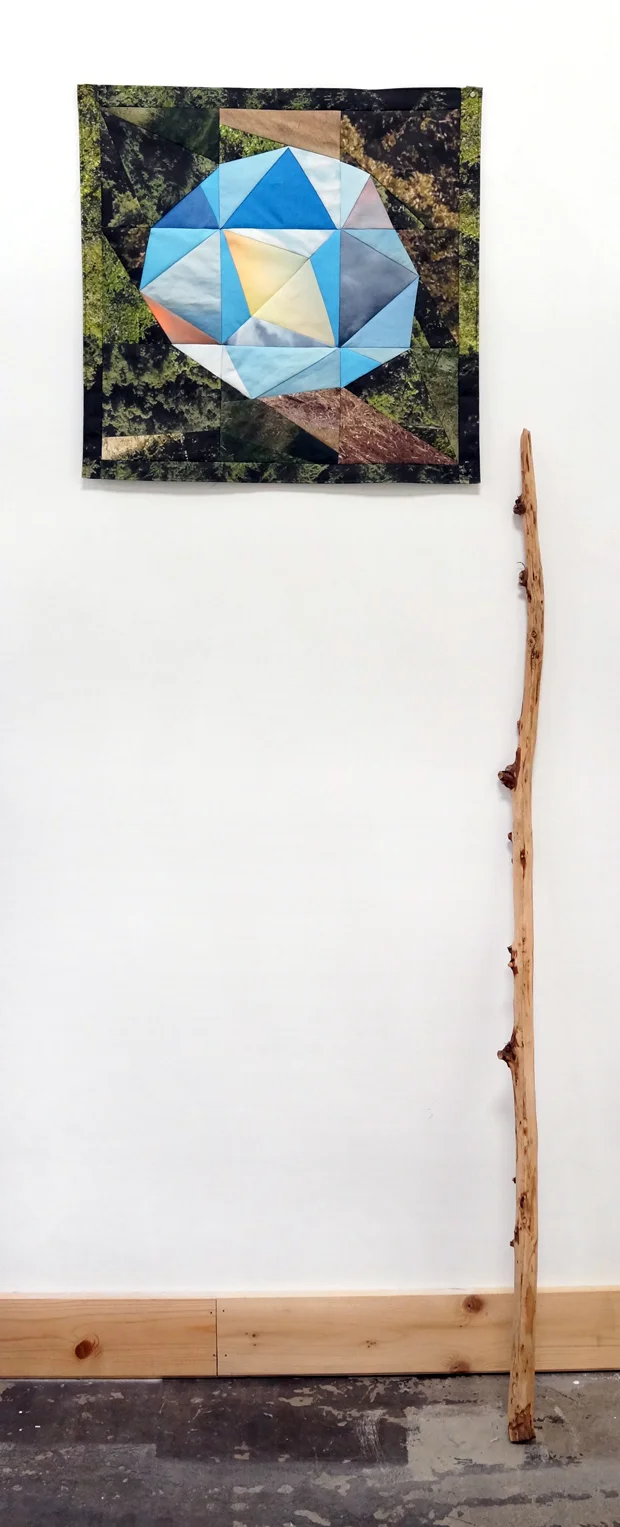 Sky Orb and Stick , 2015 19.75"x20" textile and redwood stick. linen canvas, thread, wood, magnets