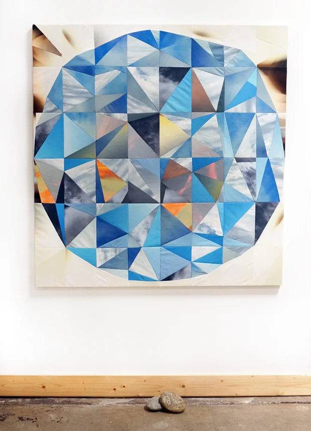 Sky Orb and Stones , 2015 54"x52" stretched quilt top and stones arranged beneath linen canvas, thread, wood, stones