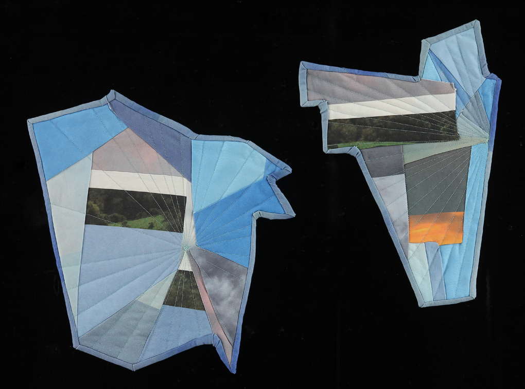 Two Apart, 2015 Arrangement variable, quilt 1: 14.75"x14, quilt 2: 14.75"x 10.5" Quilt: linen canvas, batting, thread, muslin