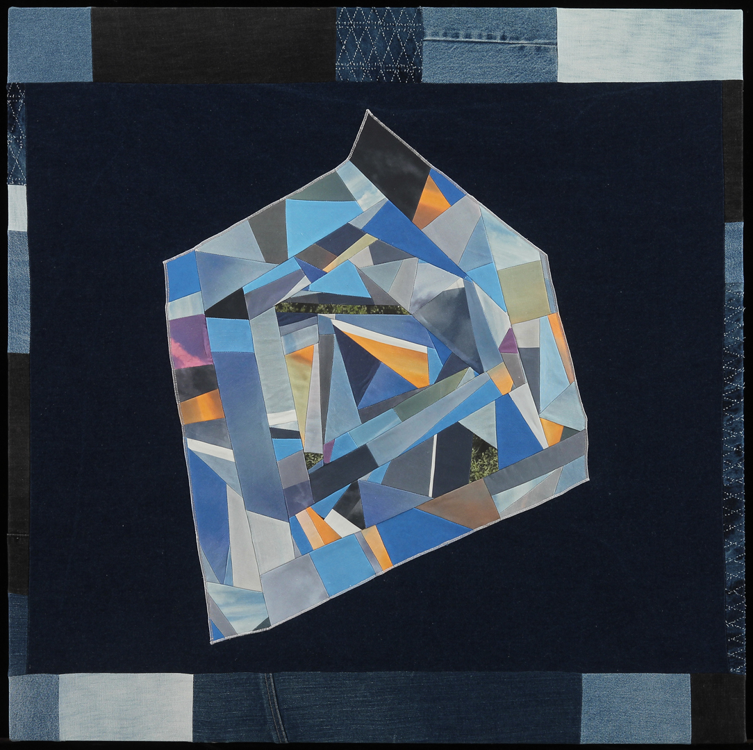 Coastal Vibes I, 2016 36”x36” Denim, photography on linen cotton canvas, thread, wood