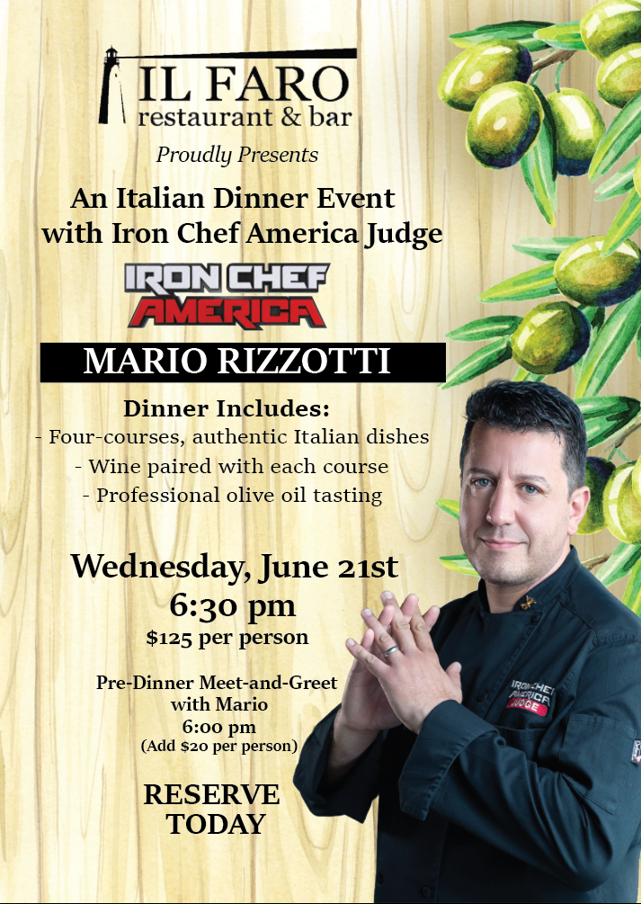 Wednesday June 21st at 6:30 Private Dinner brought to you by Celebrity Chef Mario Rizzotti and Chef Chris - by reservation only We are beyond excited to be chosen as the one place in Albany that Celebrity Chef Mario Rizzotti will be cooking and teaching with Chef Chris as part of his 4 the Love of Italian Food Tour! Mark your Calendars and call or email to reserve your spot Wednesday June 21st at 6:30. Limited seats available for this private event. Dinner Includes: - Four Courses, authentic Italian dishes prepared by Mario Rizzotti and Chef Chris - Wine paired with each course - Professional Olive Oil Tasting Additional Spots are available for the pre-dinner Meet and Greet with Mario for an additional $20. Call (518) 463-2208 or email ILFAROrestaurantandbar@g… to join us and get to meet and taste Mario Rizzotti's cooking!!